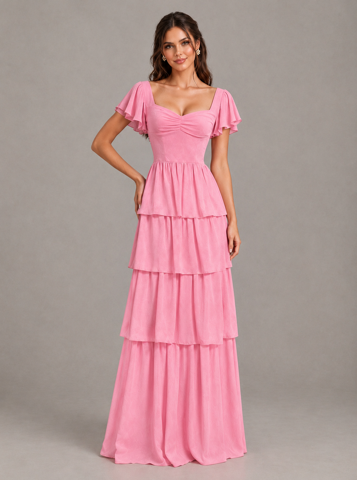 BOLODOO Pink Flutter Sleeve Tiered Maxi Bridesmaid Dress 