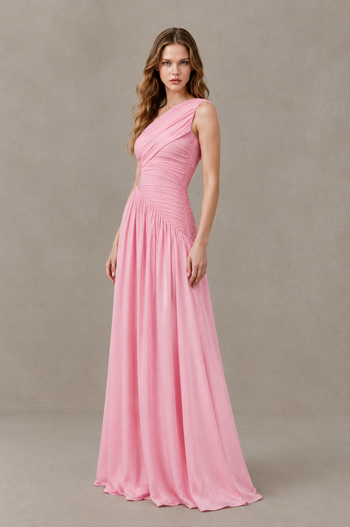 BOLODOO QQ080 pink one-shoulder gown showing ruched waist and side silhouette