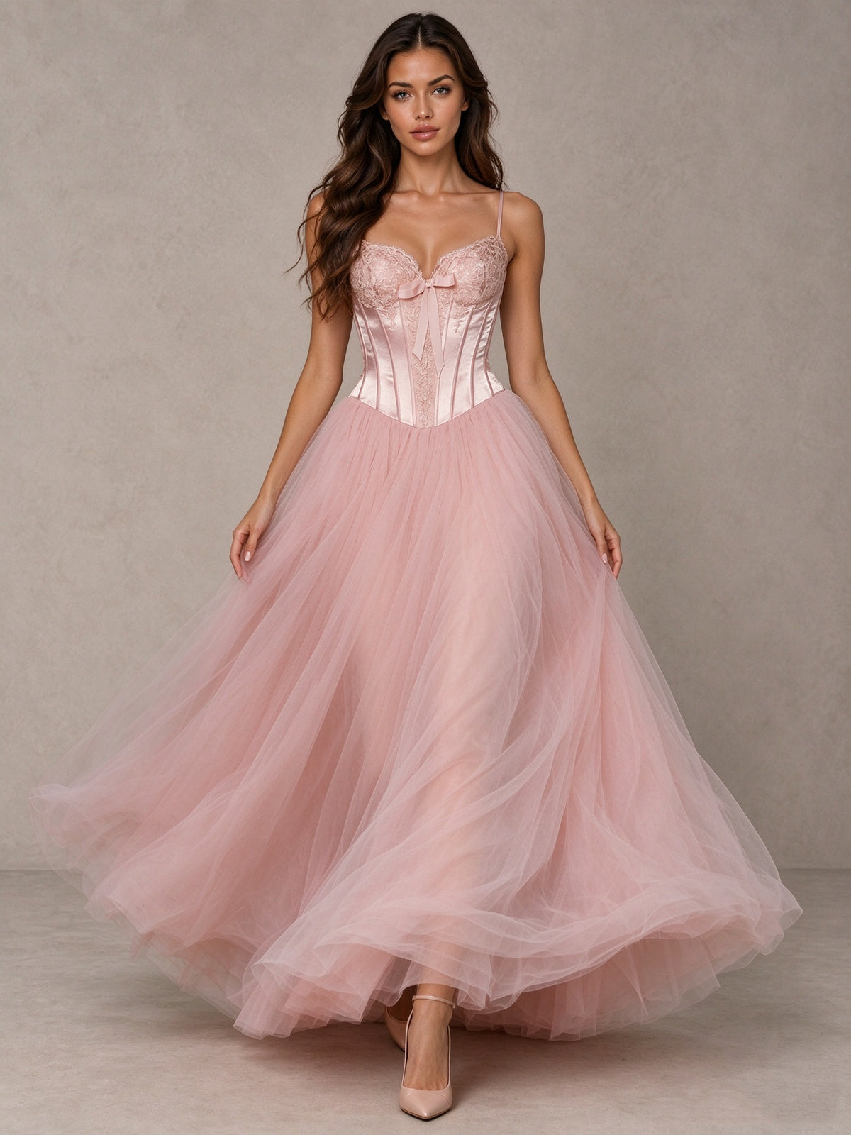 BOLODOO Pink Corset Tulle Prom Dress with Spaghetti Straps 