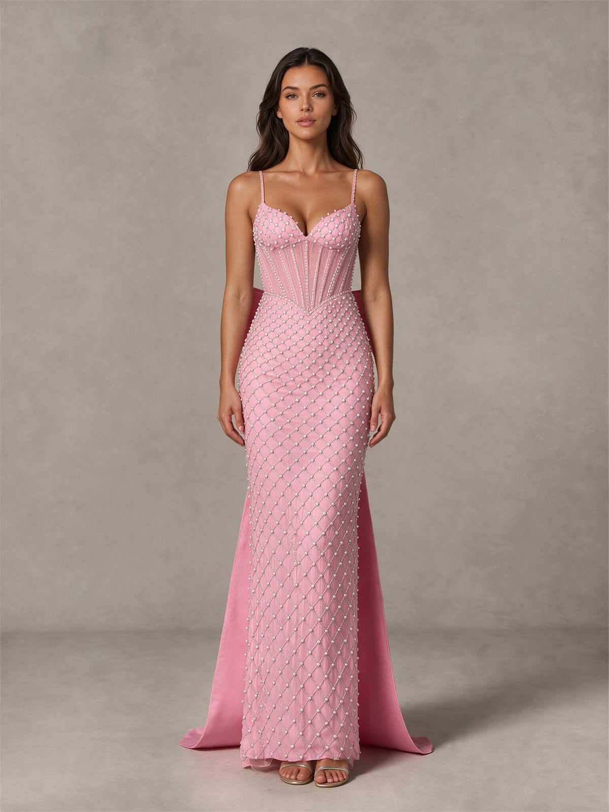 BOLODOO Pink Beaded Corset Prom Dress with Bow Train 