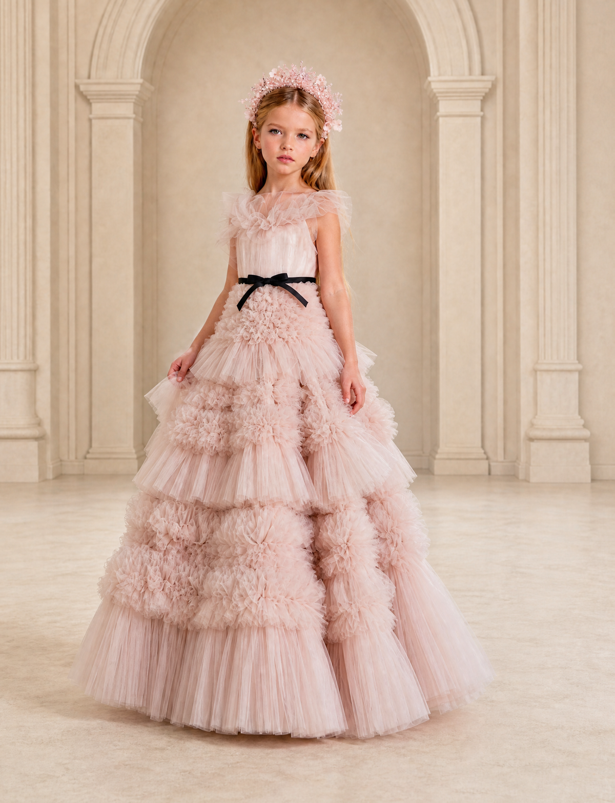 BOLODOO Blush Pink Tiered Tulle Flower Girl Dress with Floral Appliques 