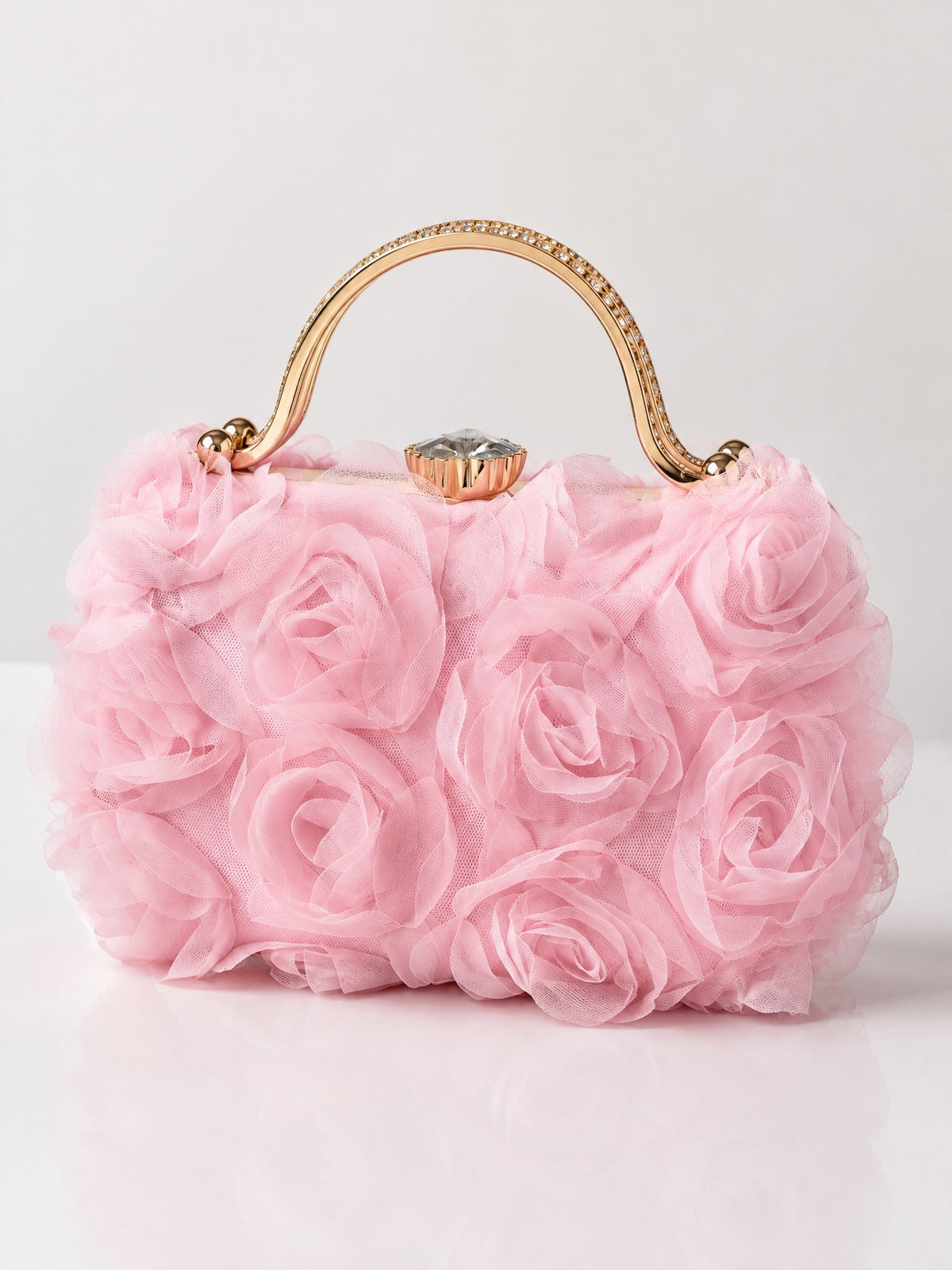 Front view of BOLODOO pink rose evening bag with embellished gold-tone handle