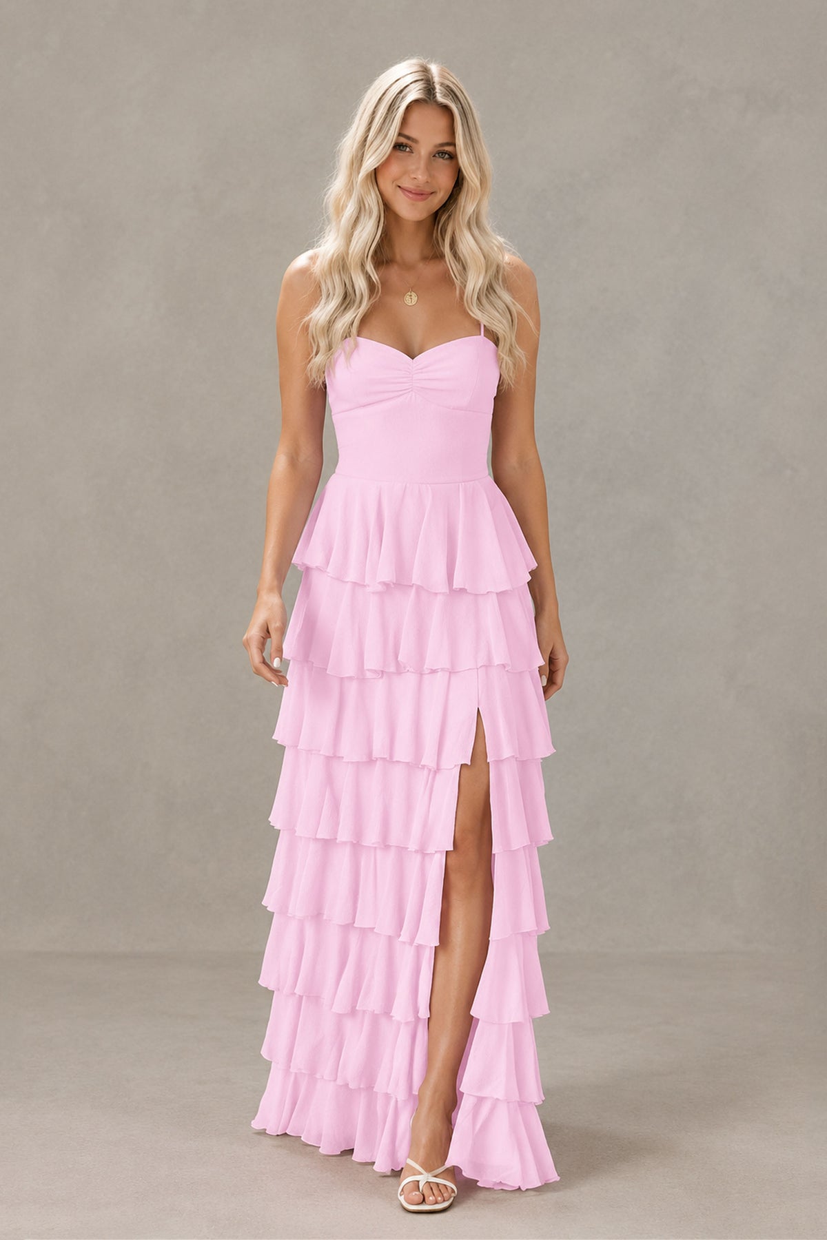 BOLODOO pink strapless floor-length dress three-quarter view with cascading ruffles