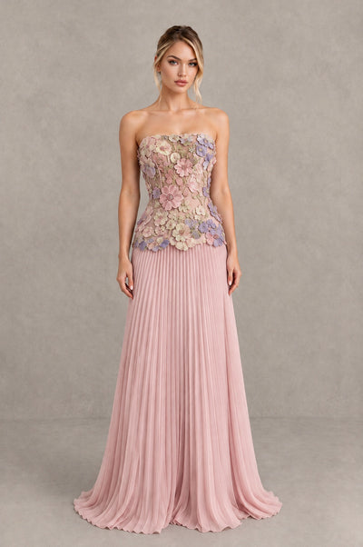 BOLODOO Pink Orchid Strapless Floral Applique Pleated Evening Dress - Pink Orchid - Pink Orchid (1)