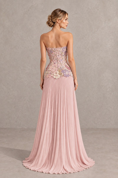 BOLODOO Pink Orchid Strapless Floral Applique Pleated Evening Dress - Pink Orchid - Pink Orchid (2)