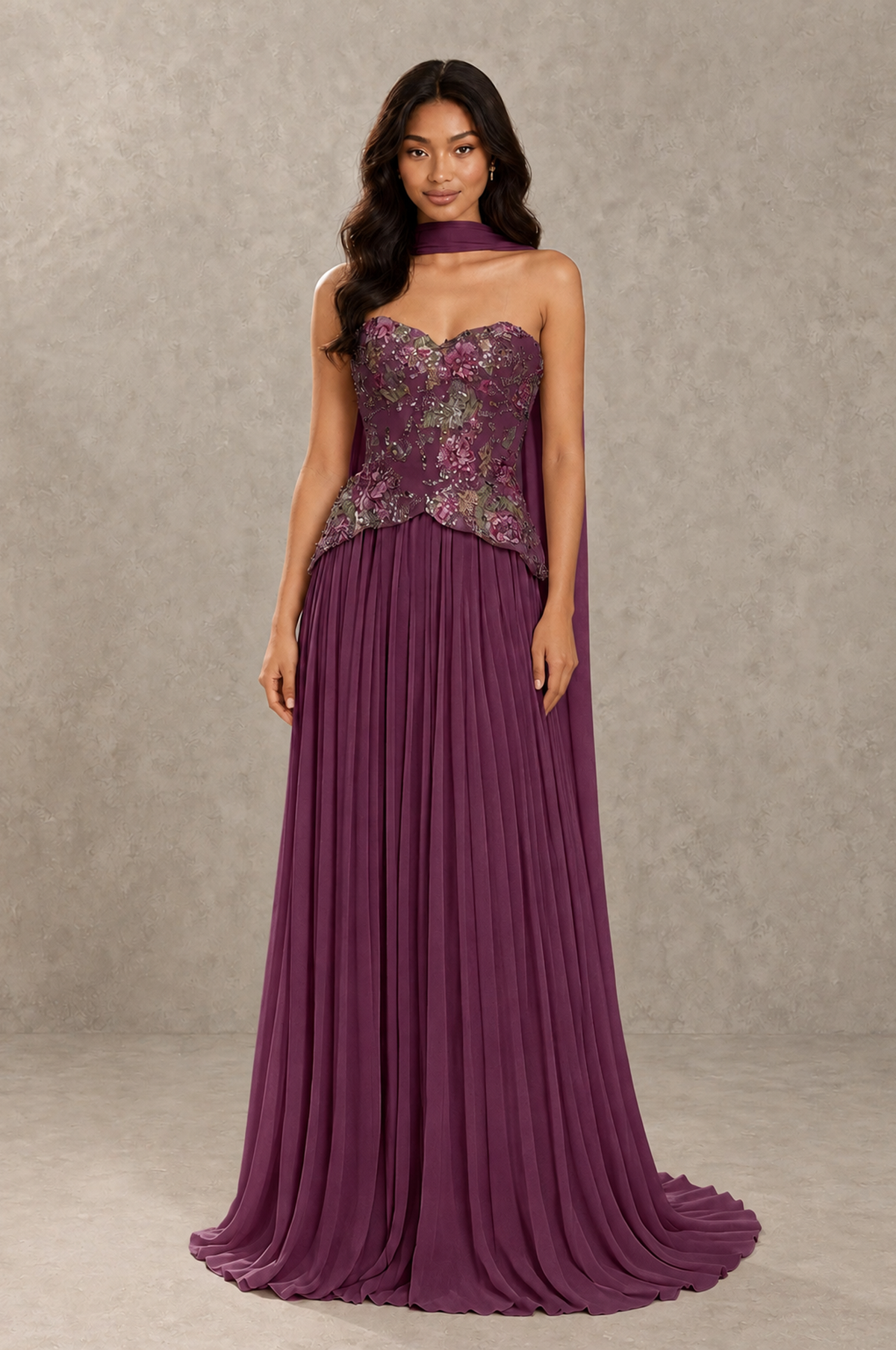 BOLODOO Plum Strapless Beaded Floral Corset Chiffon Maxi Gown – Open Back Prom & Formal Evening Dress - Plum - Plum_01