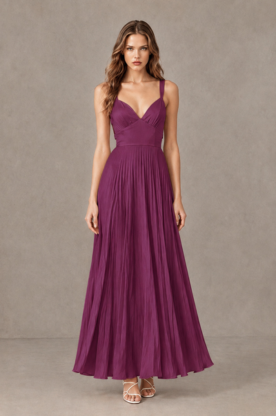 BOLODOO Plum V-Neck Pleated Open-Back Maxi Dress - Plum - Plum_01