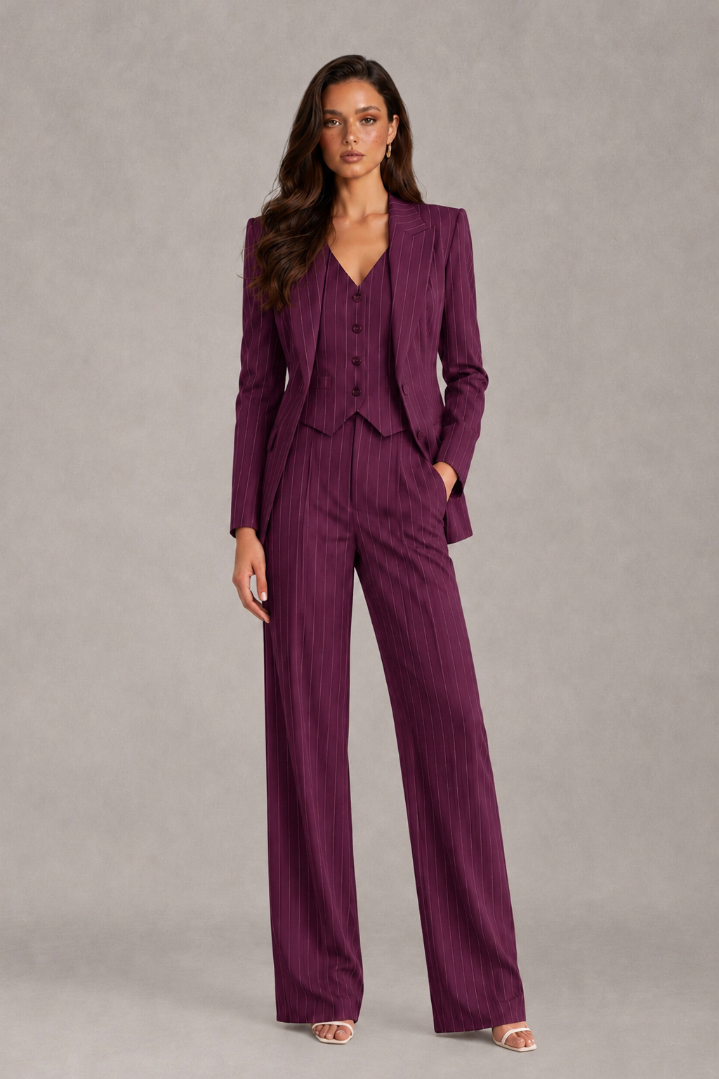 BOLODOO Women's Plum Pinstripe Three-Piece Pantsuit with Wide-Leg Trousers - Plum - Plum_01