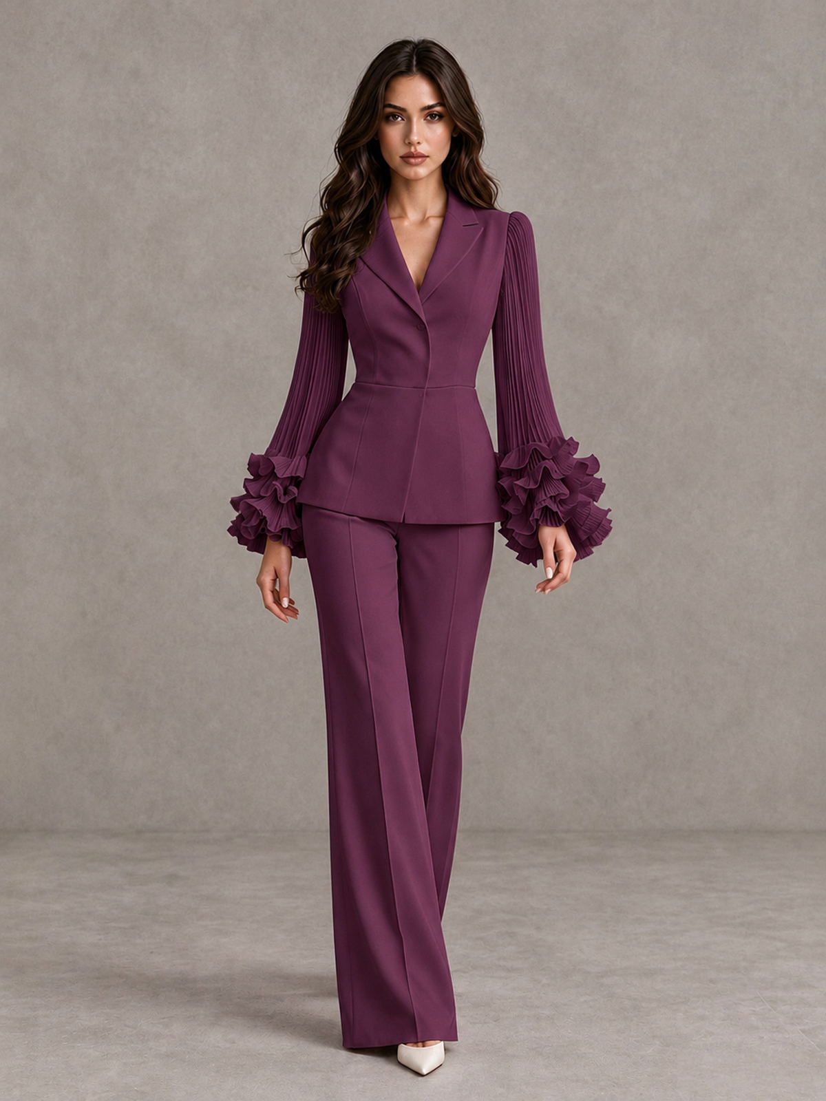BOLODOO Plum Mother of the Bride Pant Suit – Pleated Long Sleeve Ruffle Cuff Wide Leg Trouser Suit - Plum - Plum_01