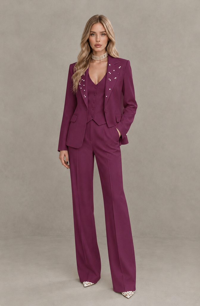 BOLODOO Plum Women's Three-Piece Pantsuit with Blazer & Vest - Plum - Plum_01