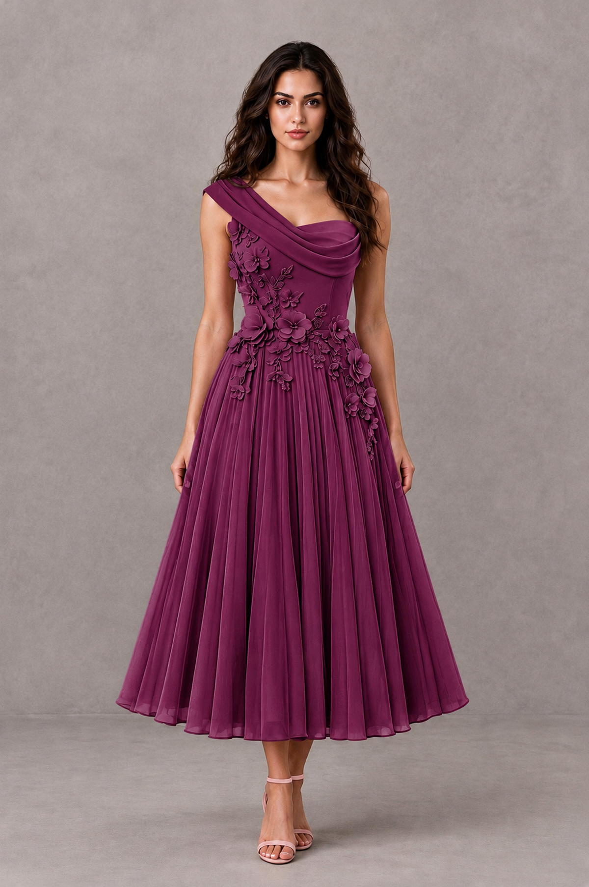 BOLODOO Plum One-Shoulder Floral Tulle Tea-Length Dress - Plum - Plum_01