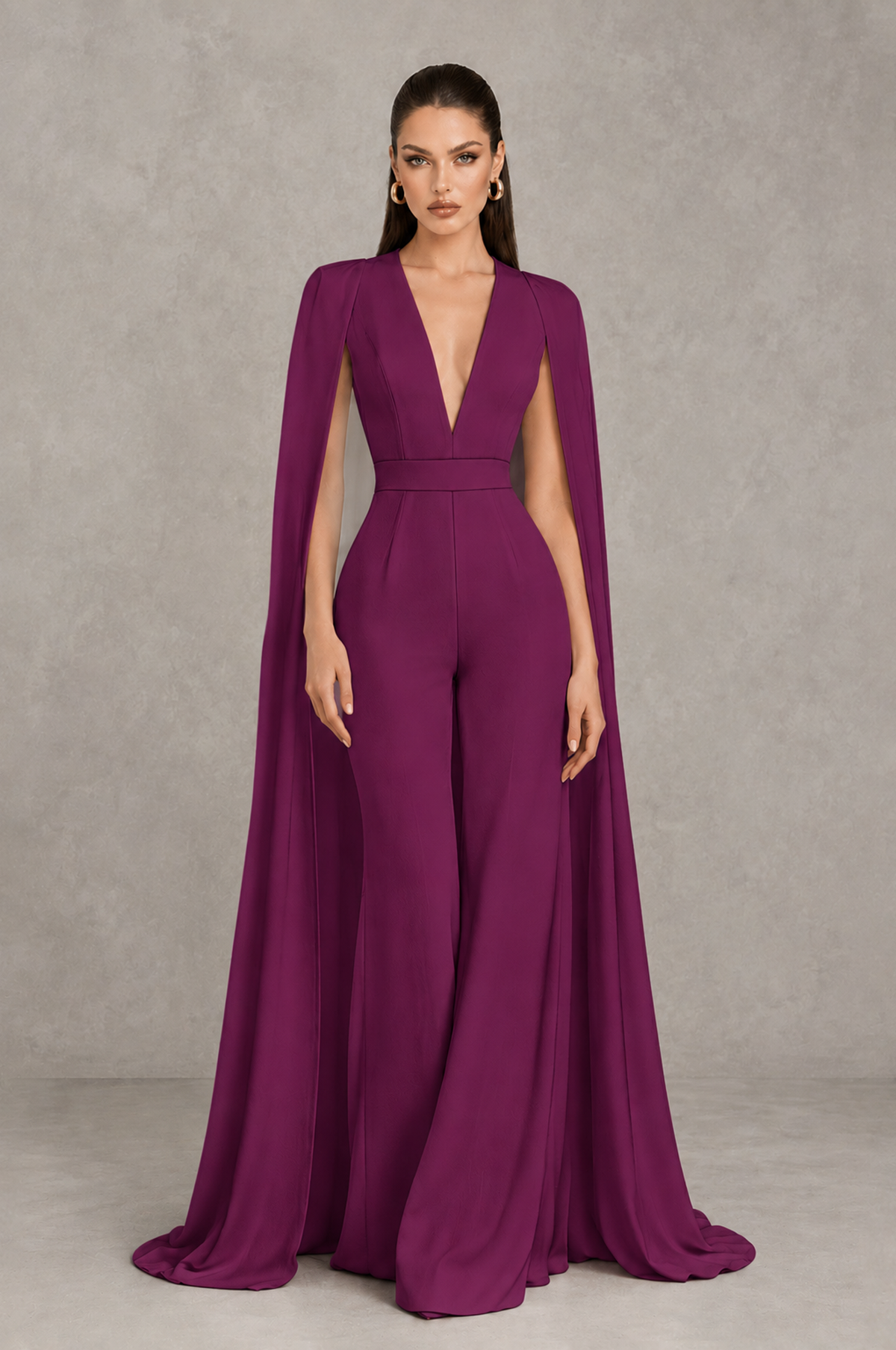 BOLODOO Plum Deep V-Neck Cape Sleeve Bridal Jumpsuit - Plum - Plum_01
