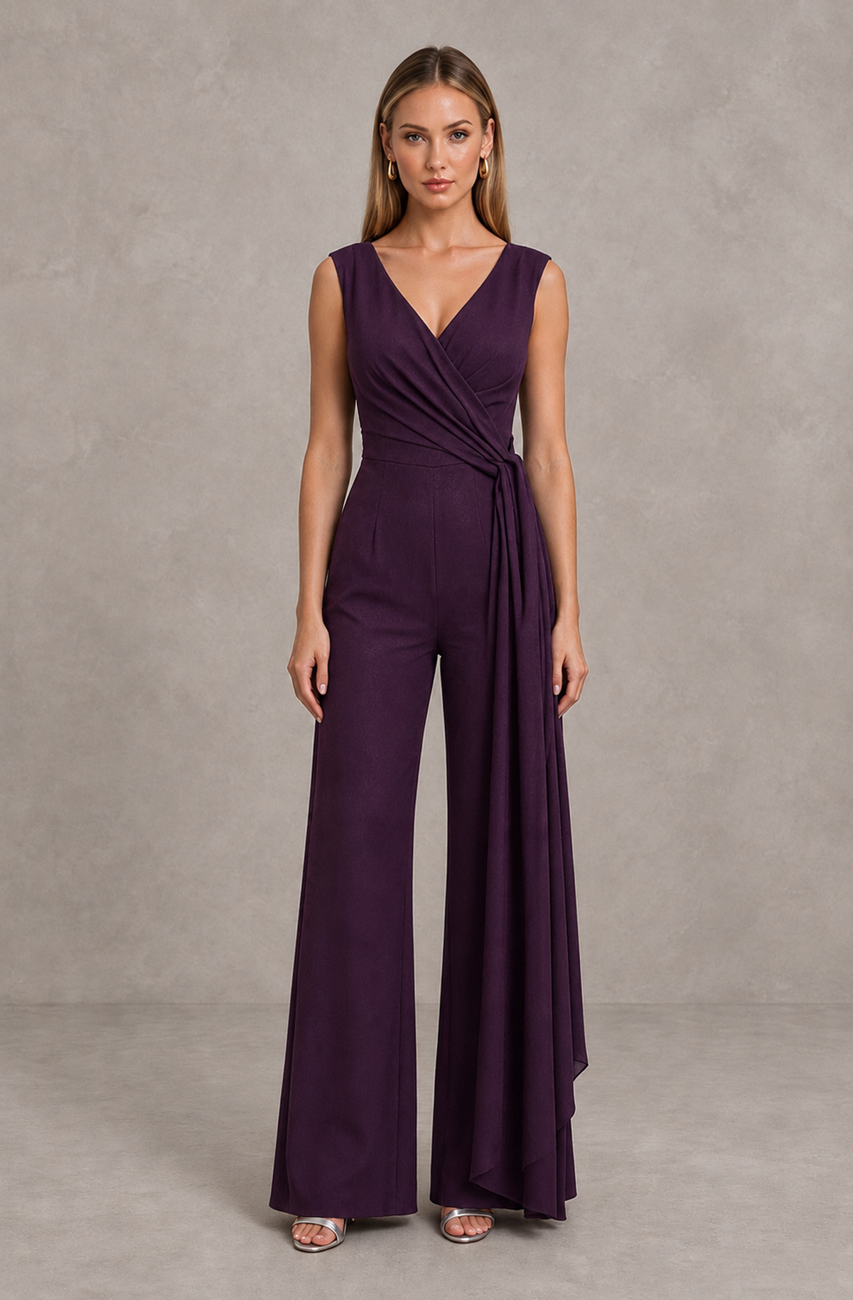 BOLODOO Plum Sleeveless V-Neck Wide-Leg Jumpsuit with Side Drape - Plum - Plum_01