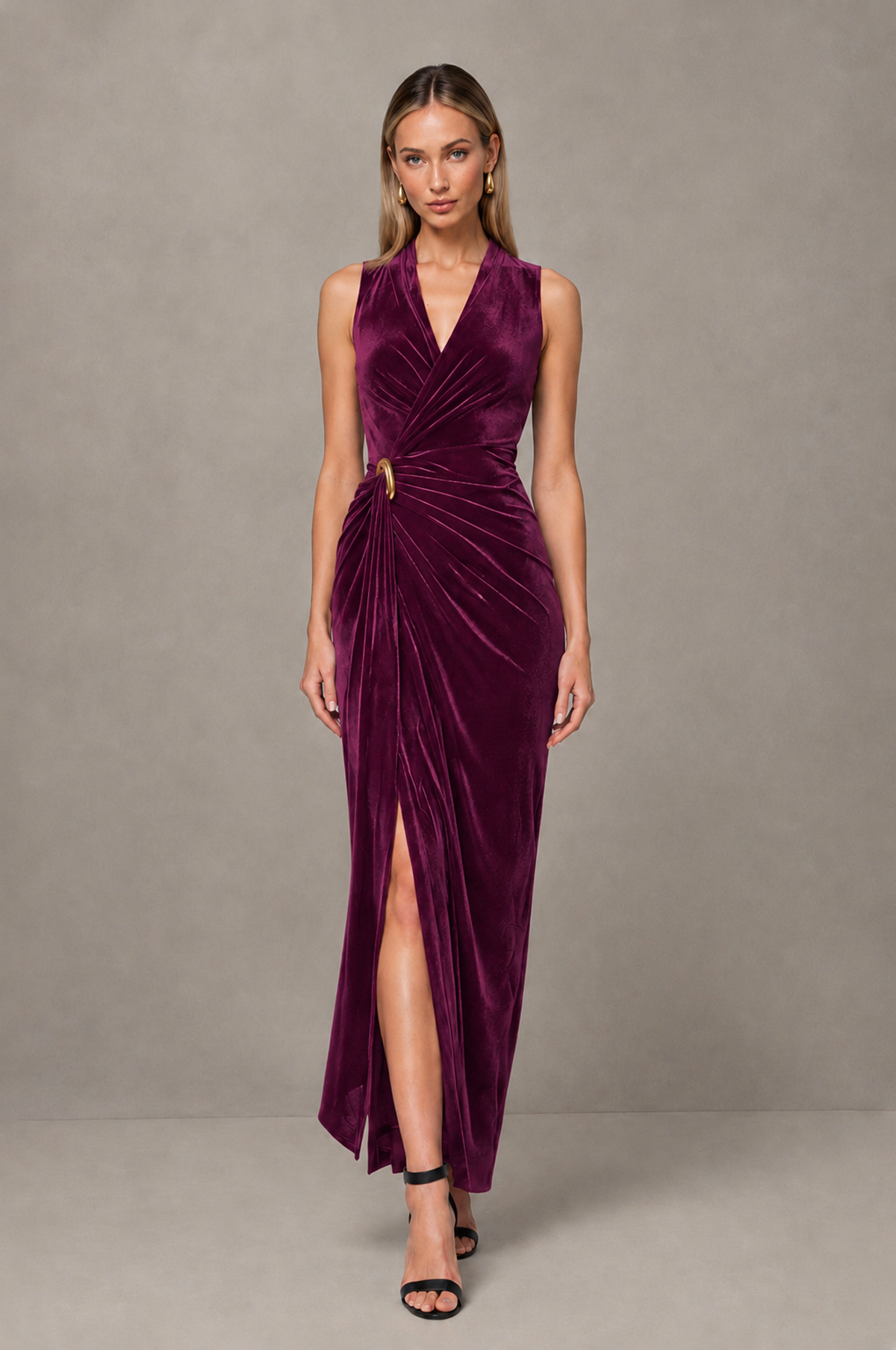 BOLODOO Plum Velvet-Look Sleeveless V-Neck Ruched Slit Maxi Dress - Plum - Plum_01