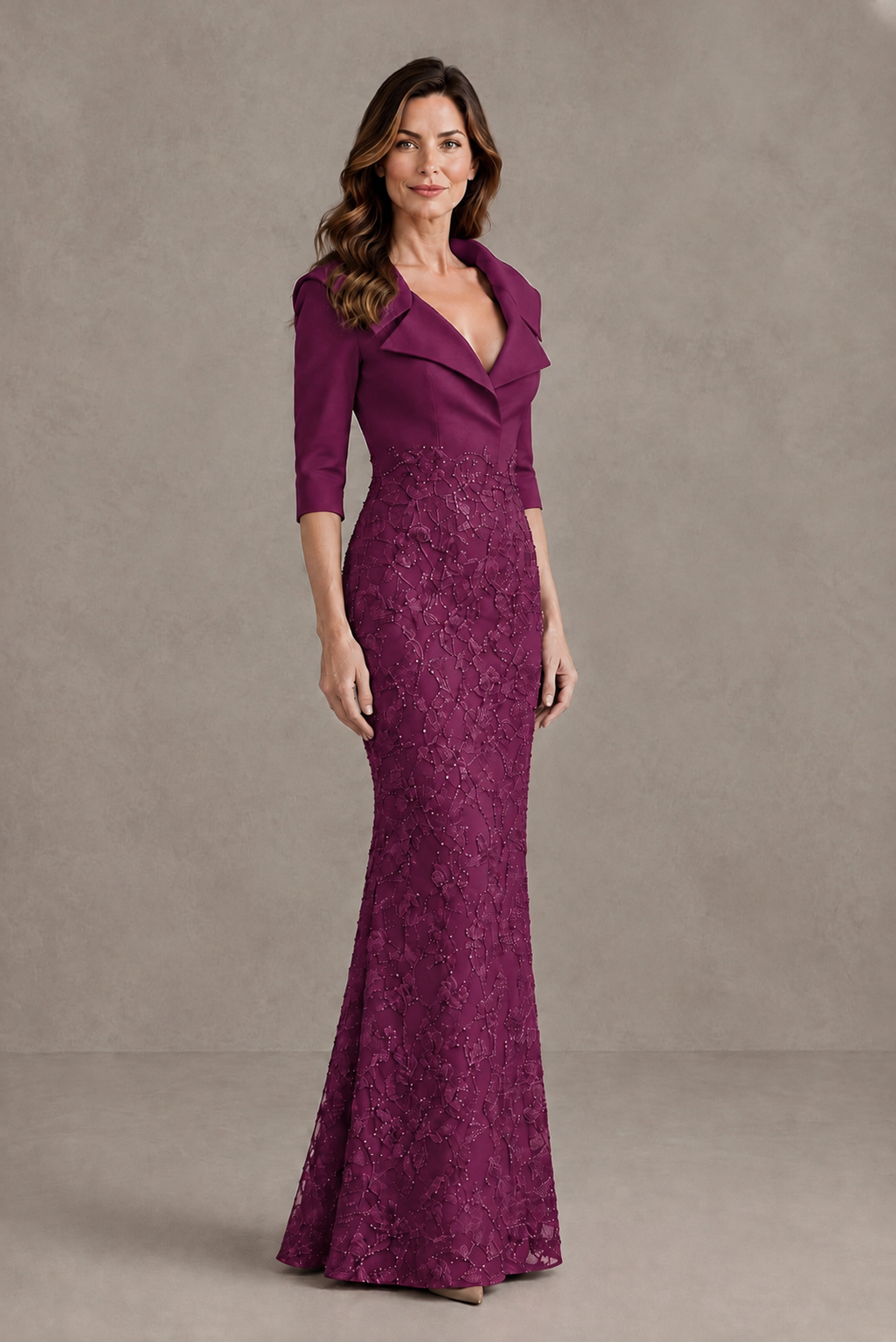 BOLODOO Plum Three-Quarter Sleeve Mermaid Evening Dress with Floral Detail - Plum - Plum_01