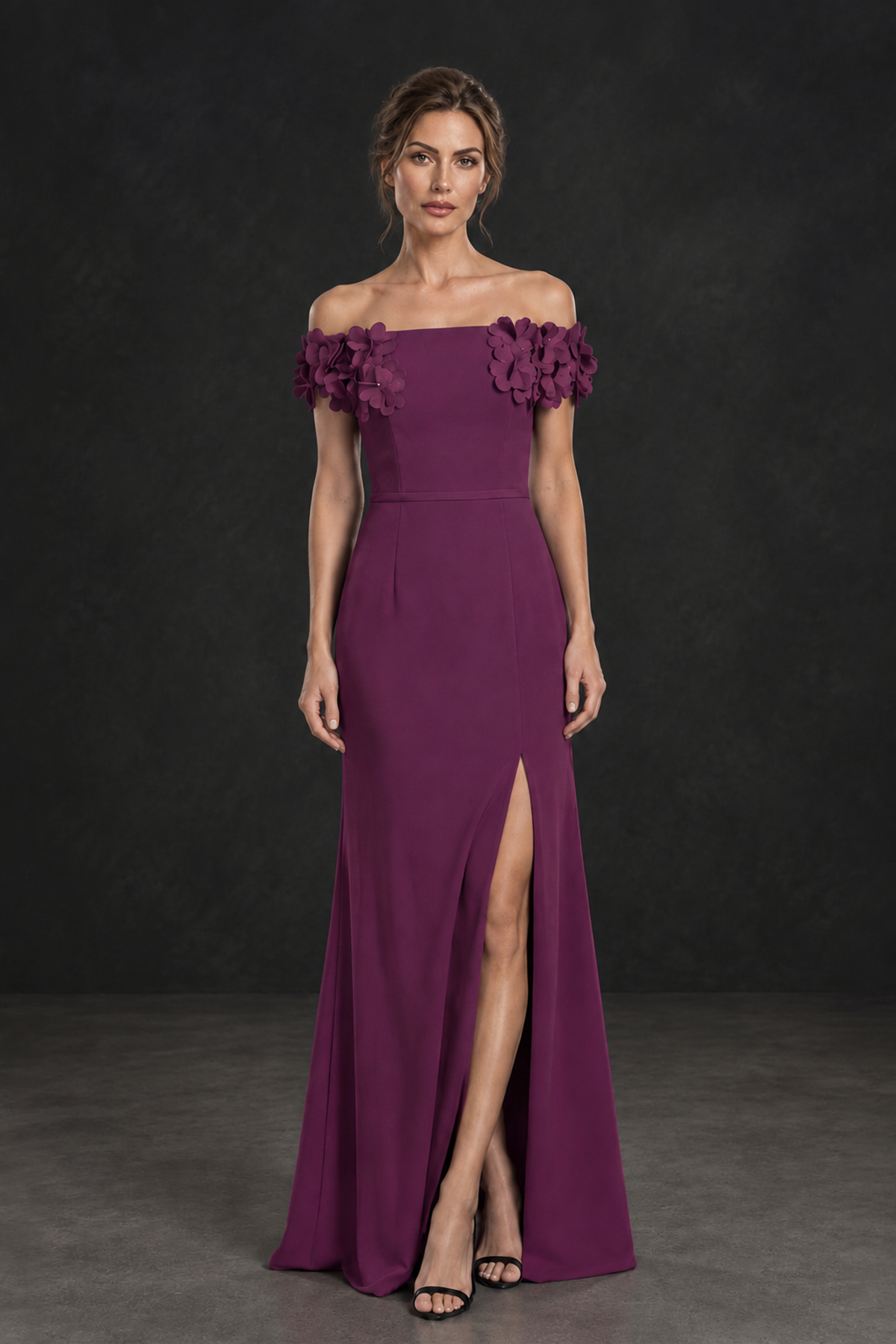 BOLODOO Plum Off-the-Shoulder Mother of the Bride Dress with Floral Appliques - Plum - Plum_01