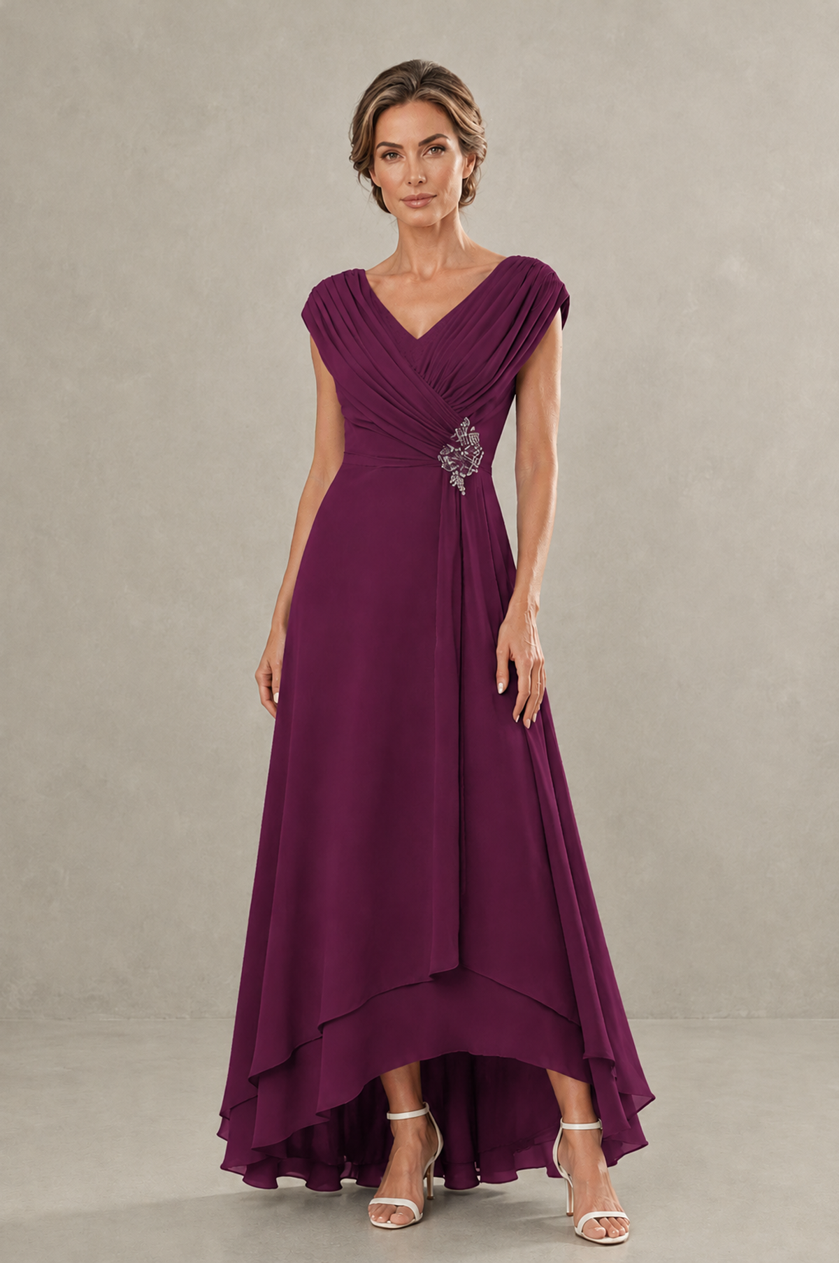 BOLODOO Plum V-Neck High-Low Mother of the Bride Dress - Plum - Plum_01