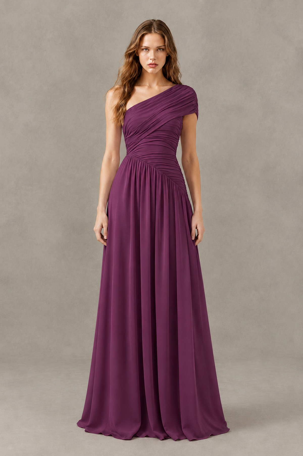 BOLODOO Plum One-Shoulder Ruched Floor-Length Bridesmaid Dress - Plum - Plum_01