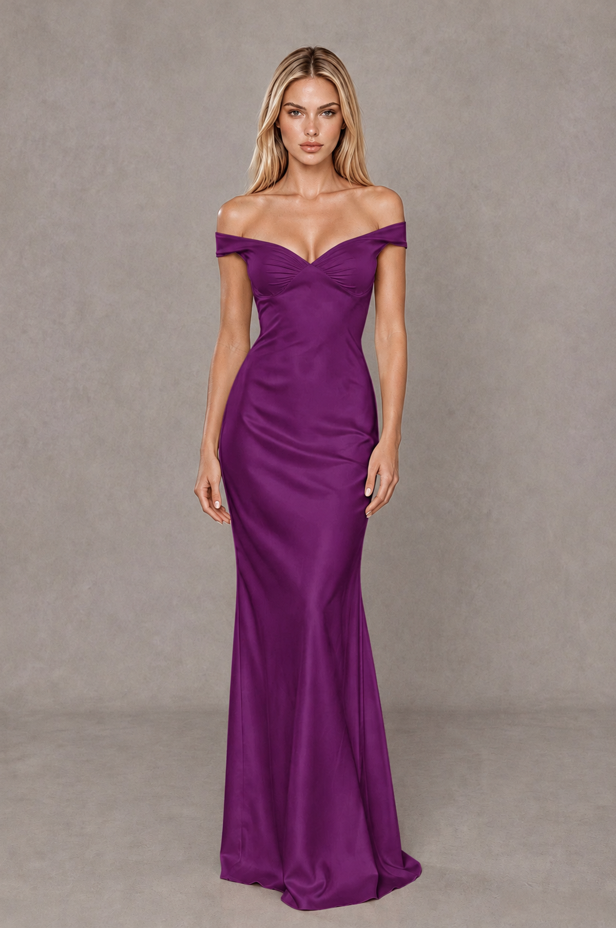 BOLODOO Plum Off-Shoulder Open-Back Satin Evening Gown - Plum - Plum_01