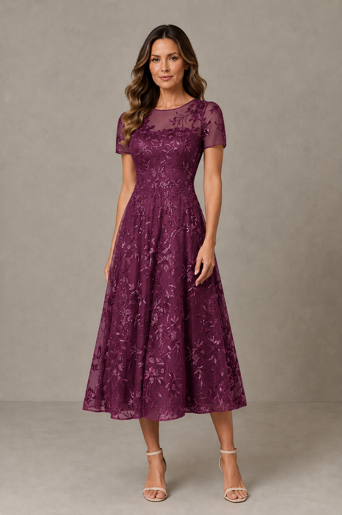 BOLODOO Plum Textured Floral A-Line Dress with Short Sleeves - Plum - Plum_01