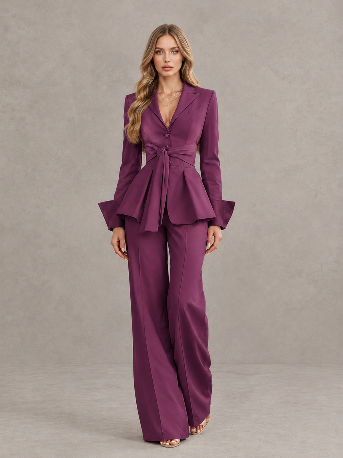 BOLODOO Plum Belted Peplum Pantsuit with Long Sleeves & Wide-Leg Trousers - Plum - Plum_01