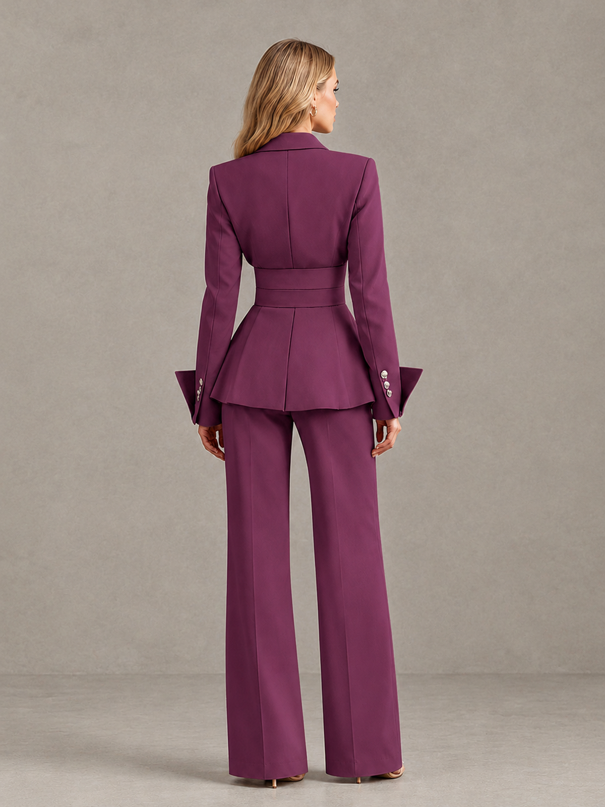 BOLODOO Plum Belted Peplum Pantsuit with Long Sleeves & Wide-Leg Trousers - Plum - Plum_02