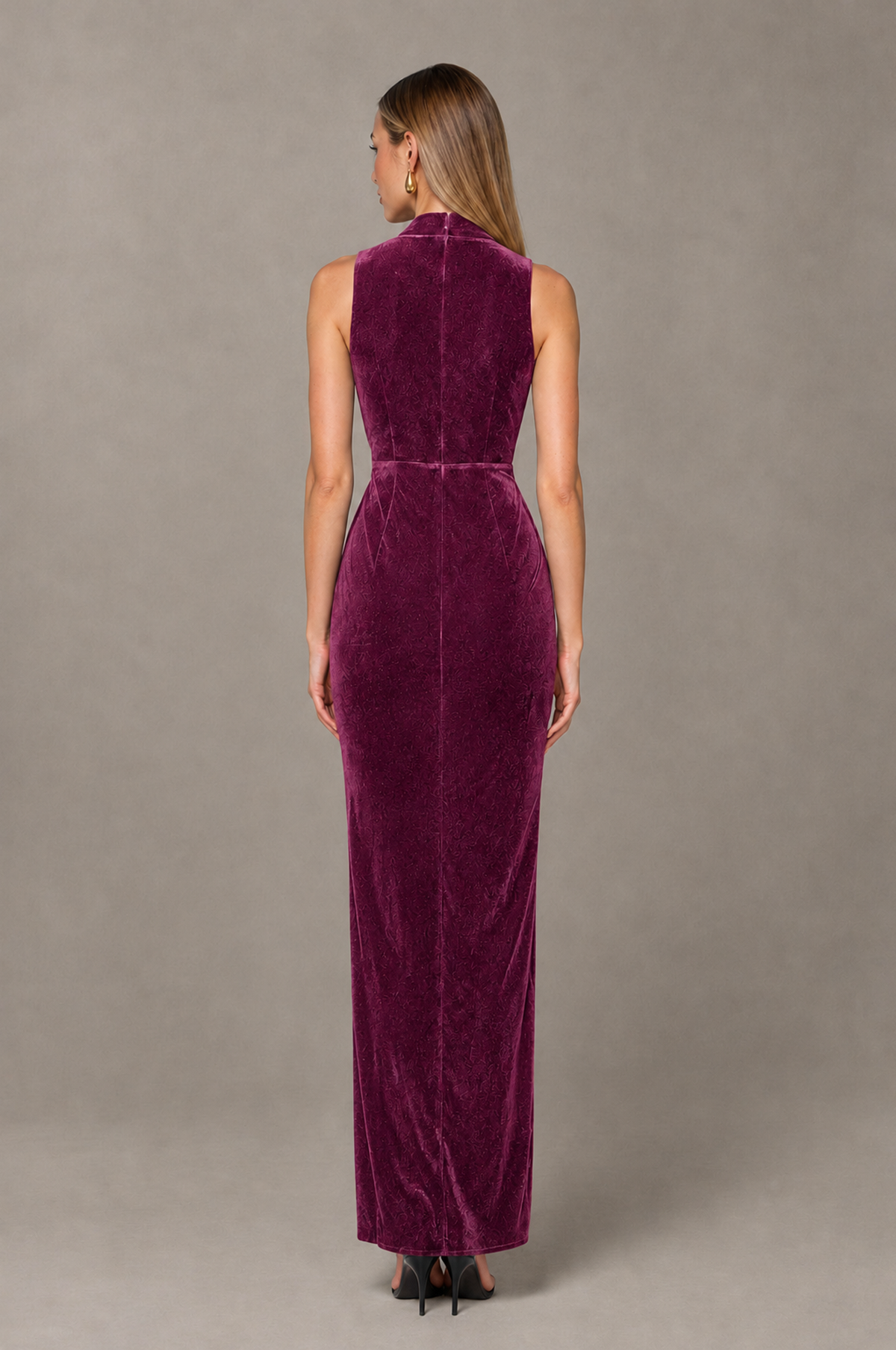 BOLODOO Plum Velvet-Look Sleeveless V-Neck Ruched Slit Maxi Dress - Plum - Plum_02