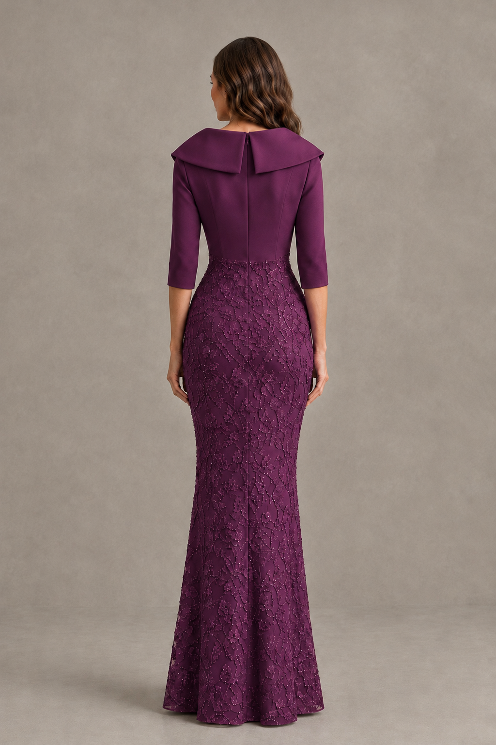 BOLODOO Plum Three-Quarter Sleeve Mermaid Evening Dress with Floral Detail - Plum - Plum_02