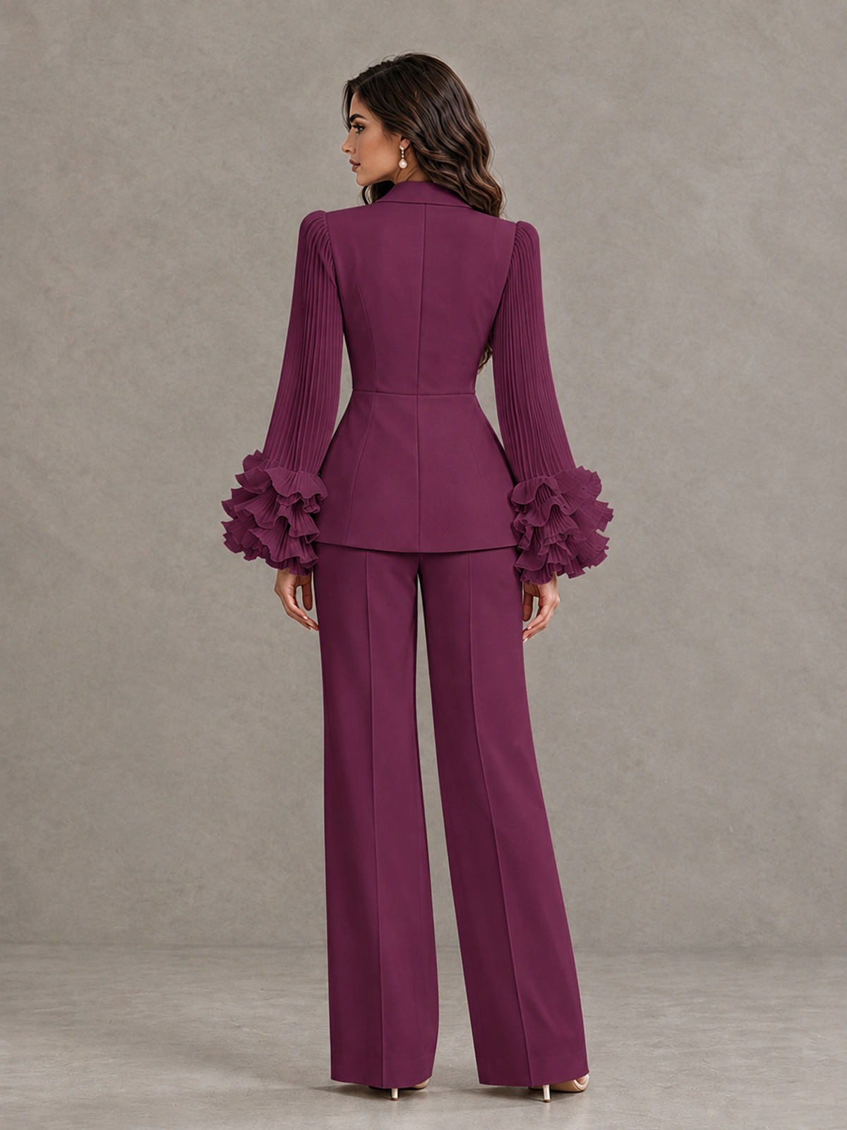 BOLODOO Plum Mother of the Bride Pant Suit – Pleated Long Sleeve Ruffle Cuff Wide Leg Trouser Suit - Plum - Plum_02