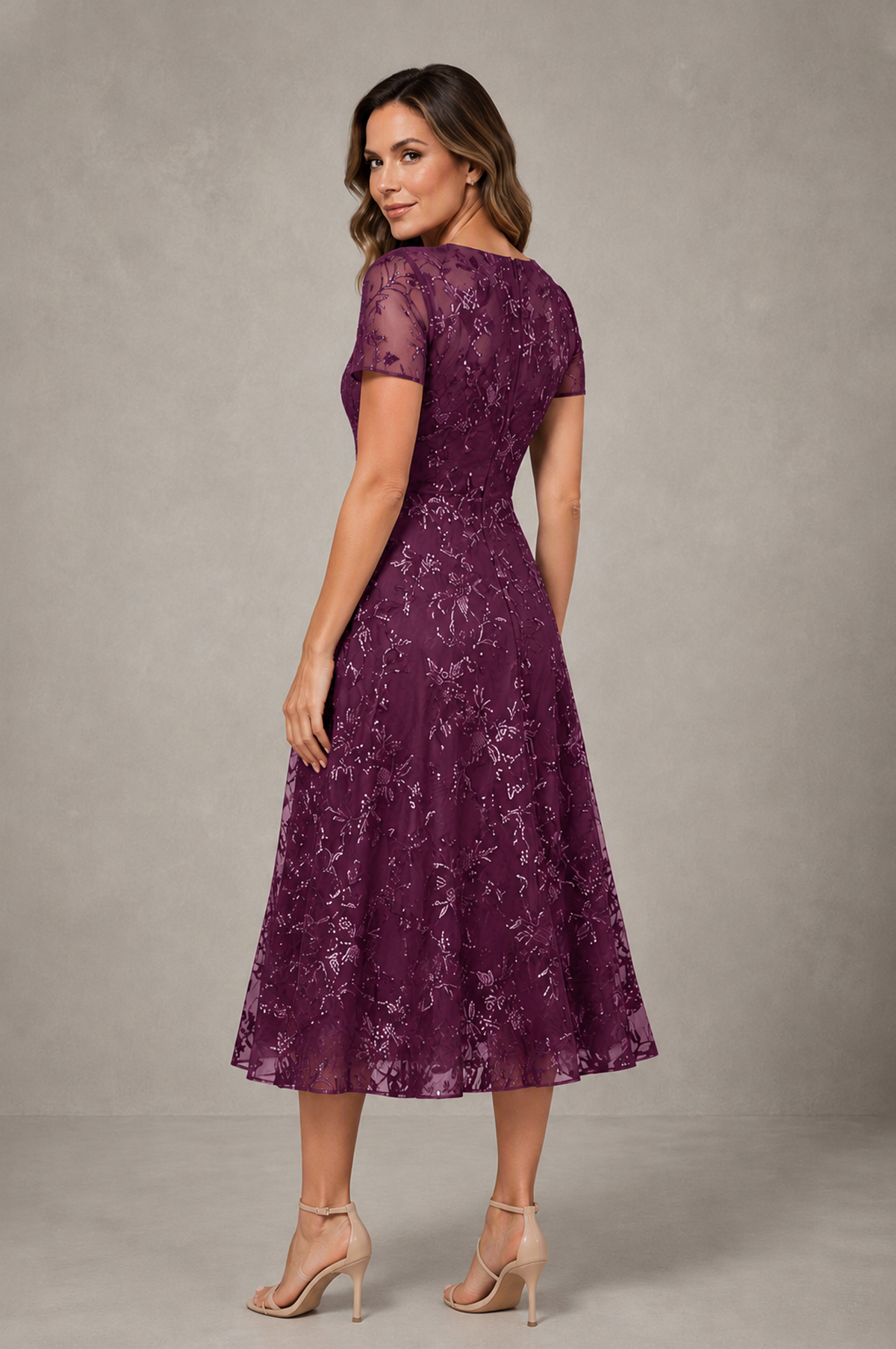 BOLODOO Plum Textured Floral A-Line Dress with Short Sleeves - Plum - Plum_02