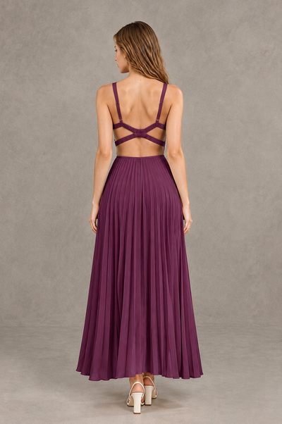 BOLODOO Plum V-Neck Pleated Open-Back Maxi Dress - Plum - Plum_02