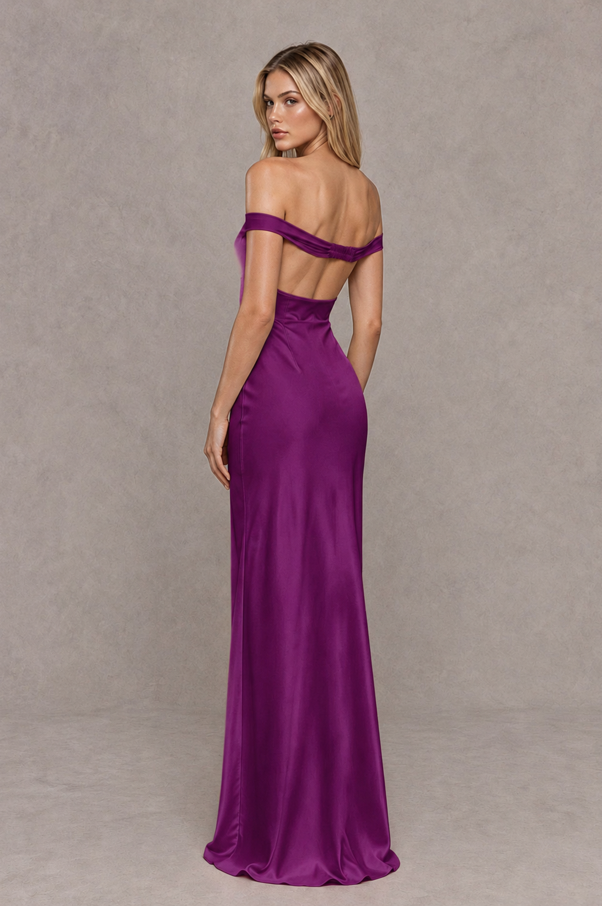 BOLODOO Plum Off-Shoulder Open-Back Satin Evening Gown - Plum - Plum_02
