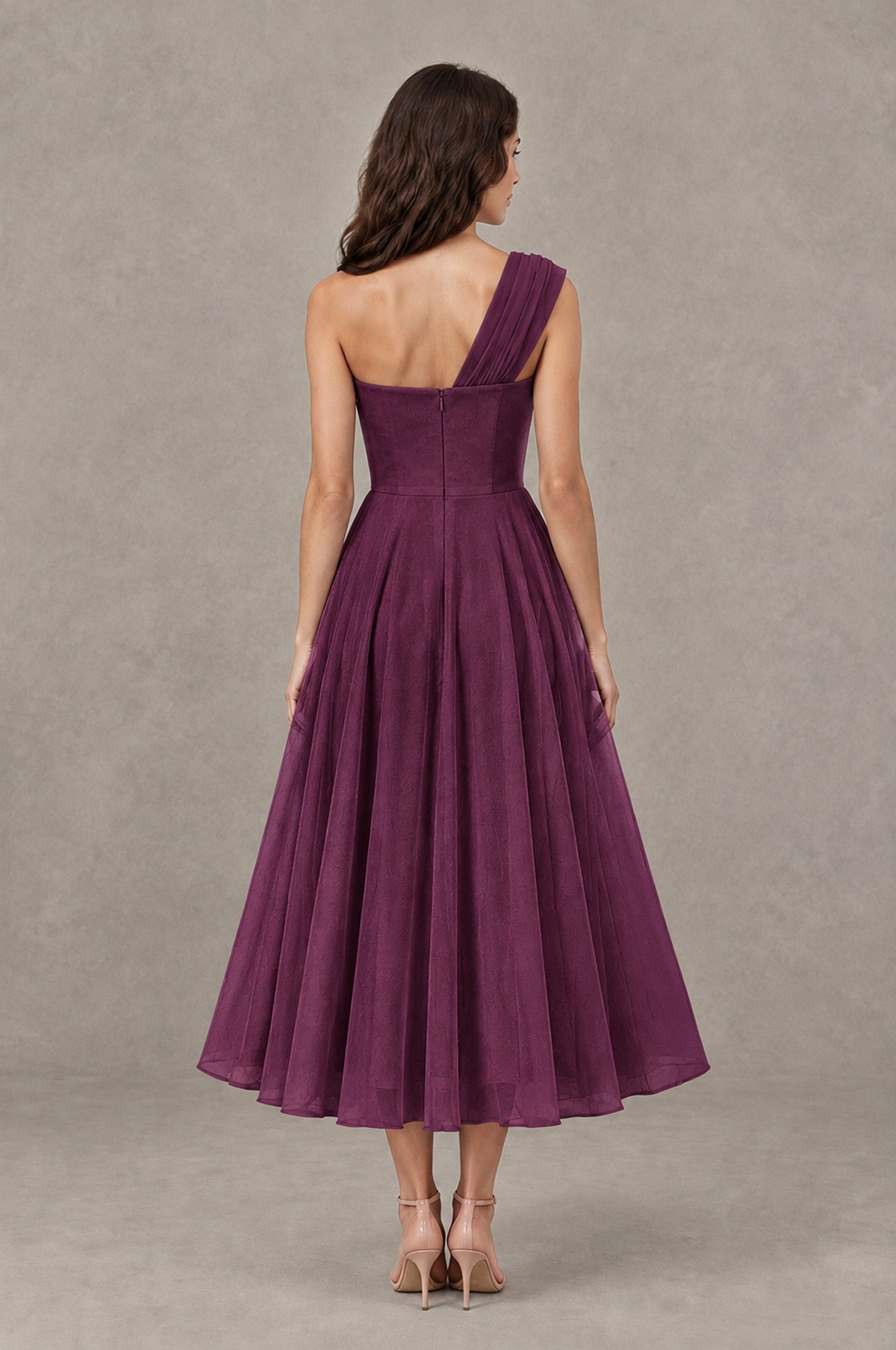 BOLODOO Plum One-Shoulder Floral Tulle Tea-Length Dress - Plum - Plum_02