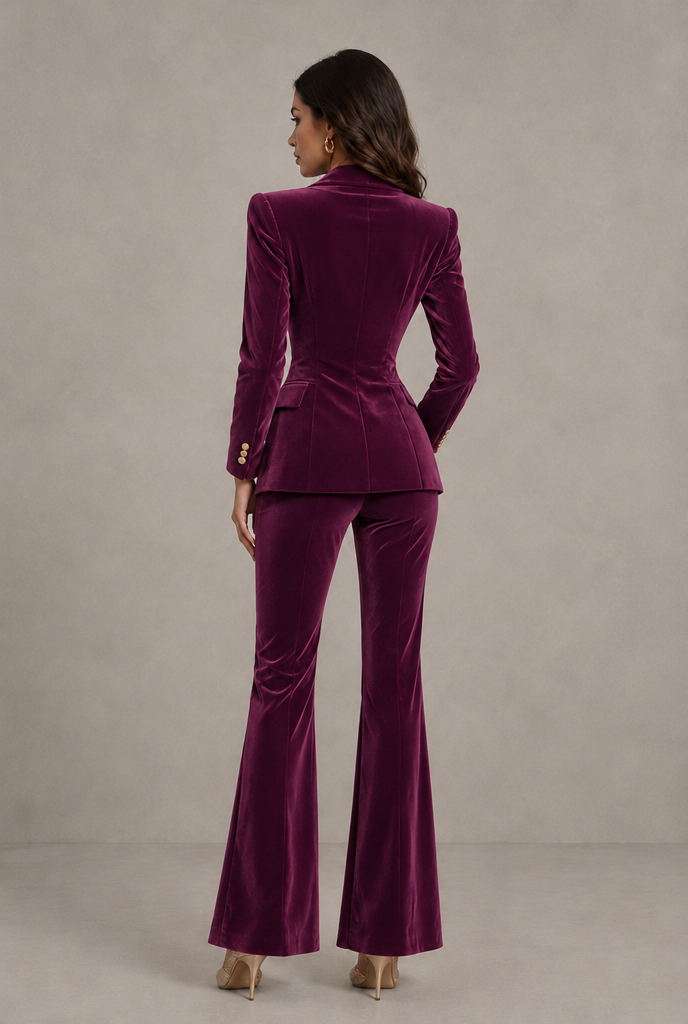 BOLODOO Plum Velvet Double-Breasted Blazer & Pants Two-Piece Suit - Plum - Plum_02