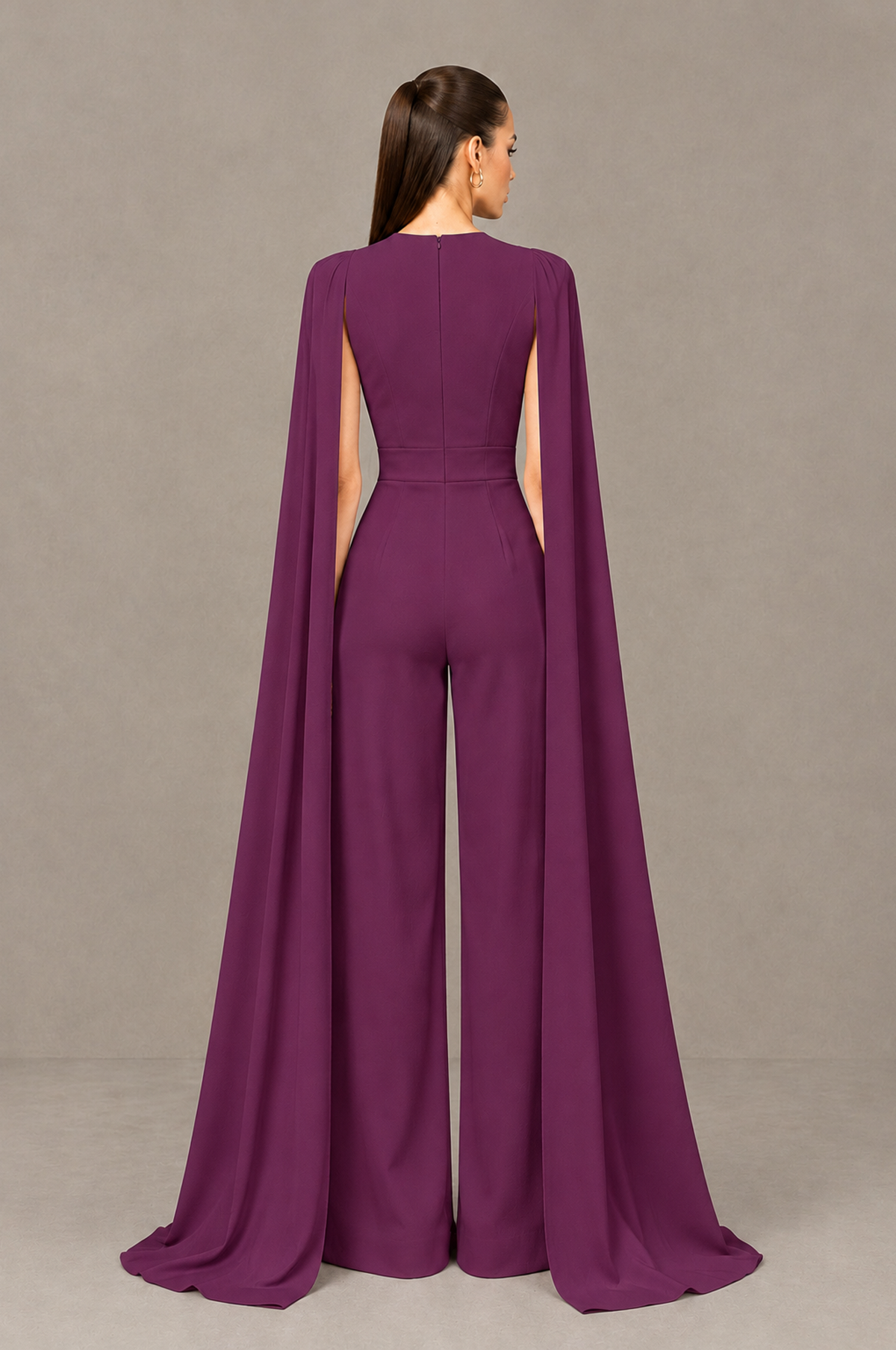 BOLODOO Plum Deep V-Neck Cape Sleeve Bridal Jumpsuit - Plum - Plum_02