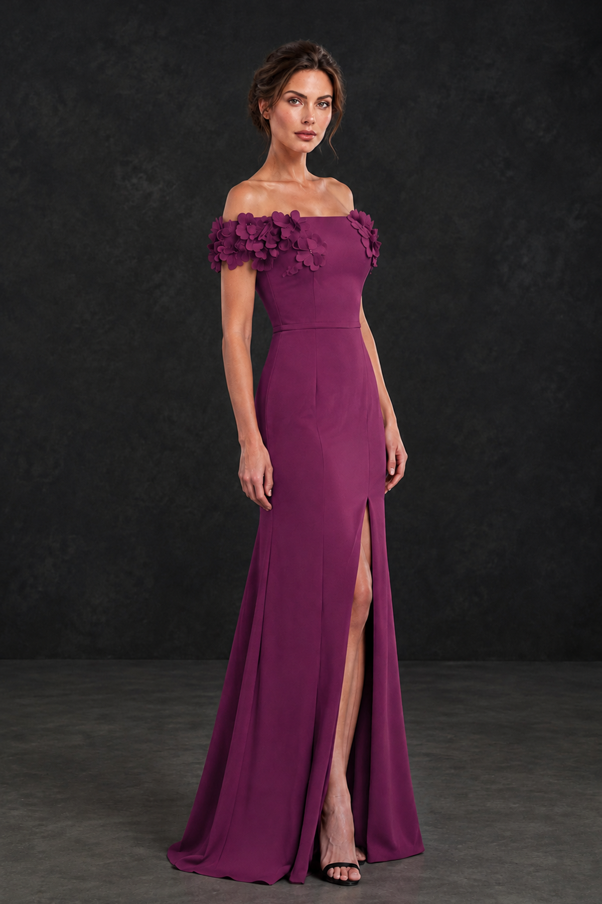BOLODOO Plum Off-the-Shoulder Mother of the Bride Dress with Floral Appliques - Plum - Plum_03