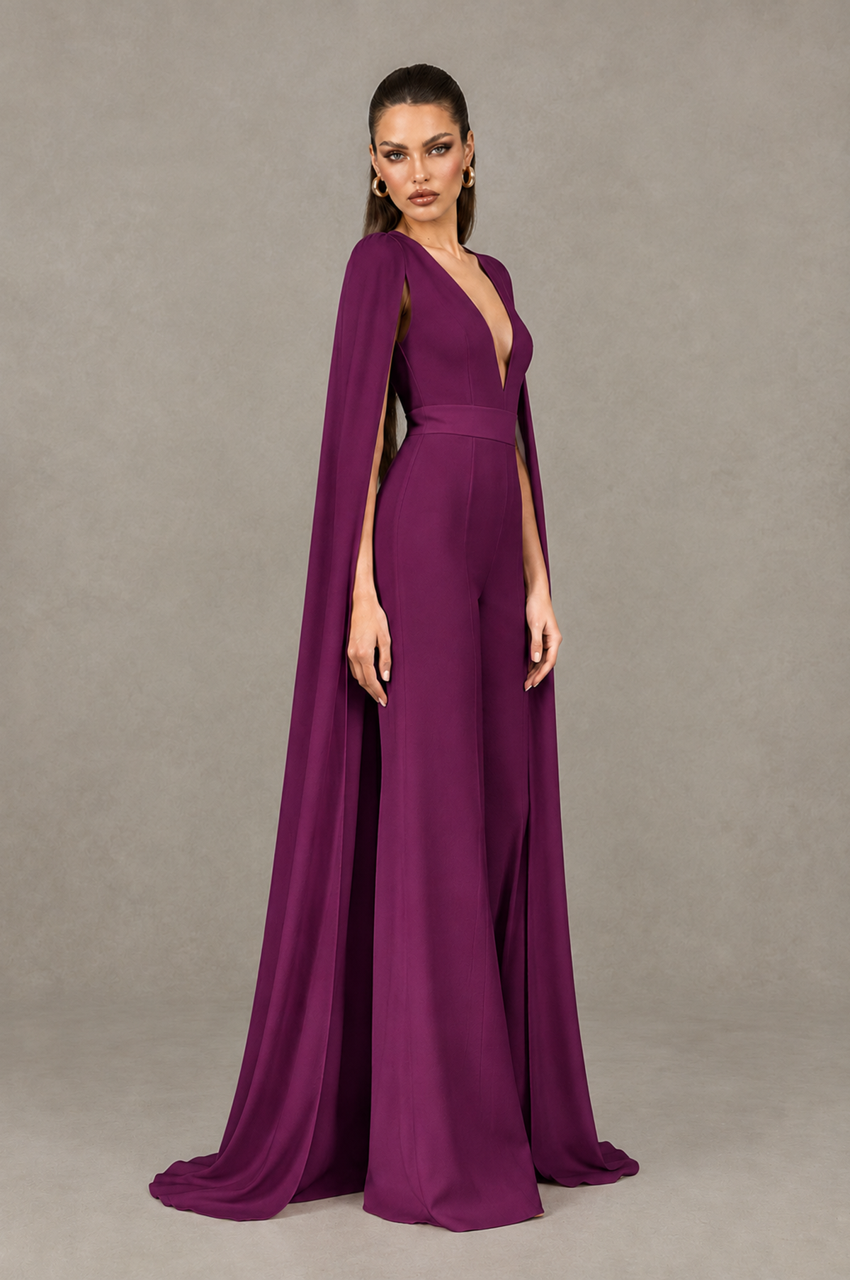 BOLODOO Plum Deep V-Neck Cape Sleeve Bridal Jumpsuit - Plum - Plum_03