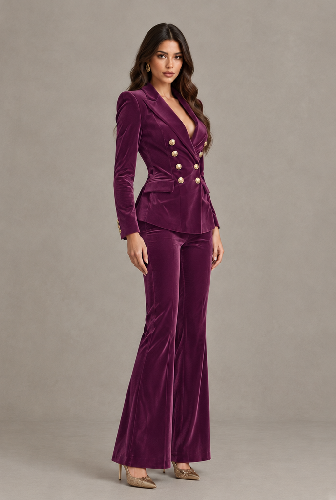 BOLODOO Plum Velvet Double-Breasted Blazer & Pants Two-Piece Suit - Plum - Plum_03