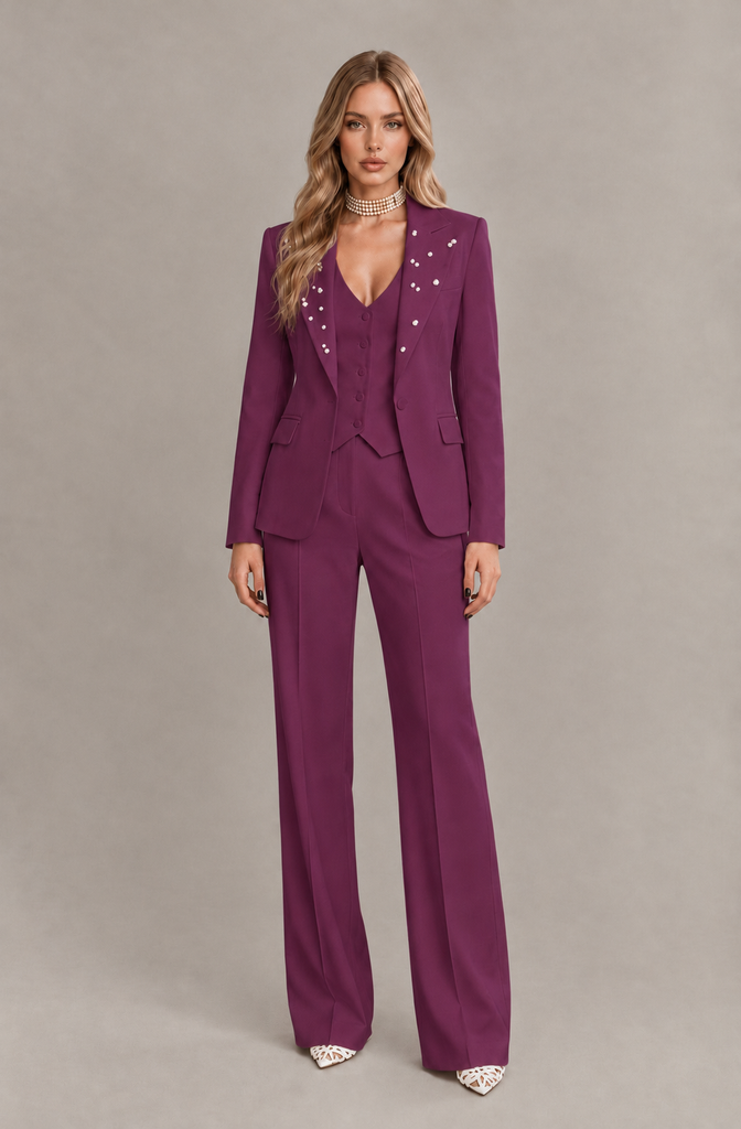 BOLODOO Plum Women's Three-Piece Pantsuit with Blazer & Vest - Plum - Plum_03