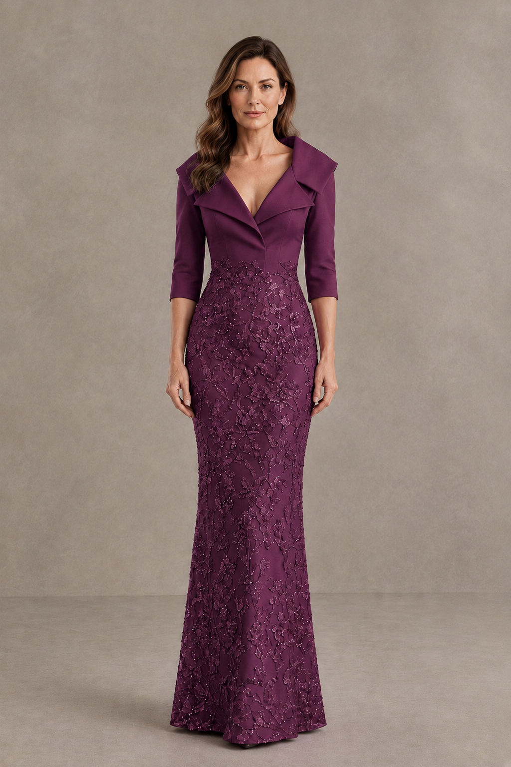 BOLODOO Plum Three-Quarter Sleeve Mermaid Evening Dress with Floral Detail - Plum - Plum_03
