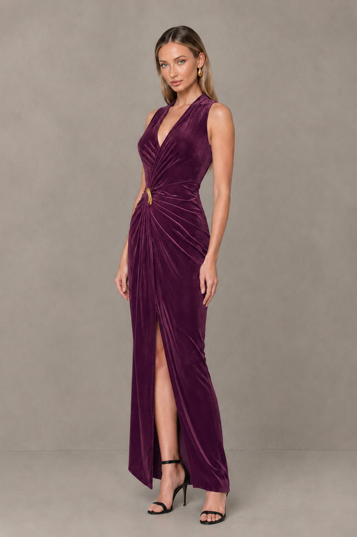BOLODOO Plum Velvet-Look Sleeveless V-Neck Ruched Slit Maxi Dress - Plum - Plum_03