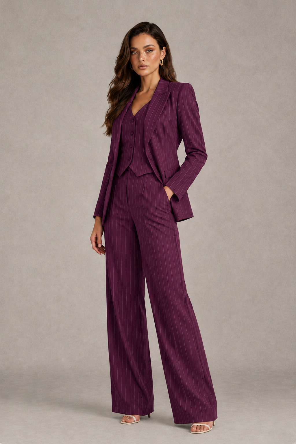 BOLODOO Women's Plum Pinstripe Three-Piece Pantsuit with Wide-Leg Trousers - Plum - Plum_03