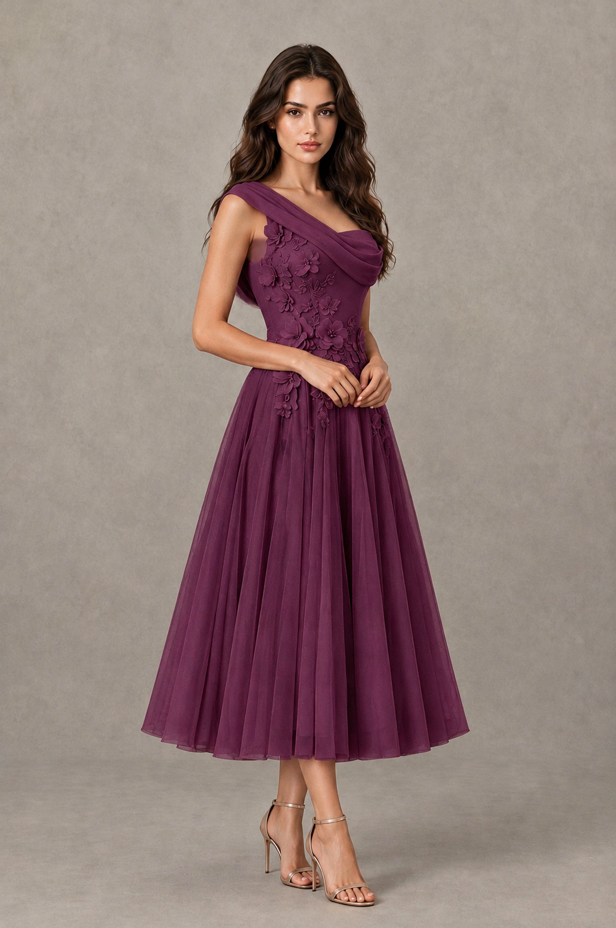 BOLODOO Plum One-Shoulder Floral Tulle Tea-Length Dress - Plum - Plum_03