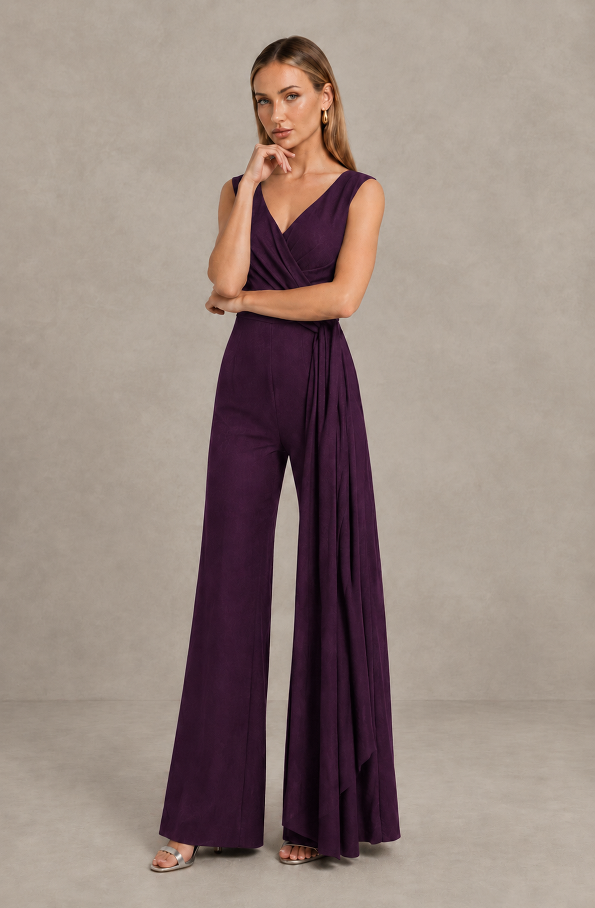 BOLODOO Plum Sleeveless V-Neck Wide-Leg Jumpsuit with Side Drape - Plum - Plum_03