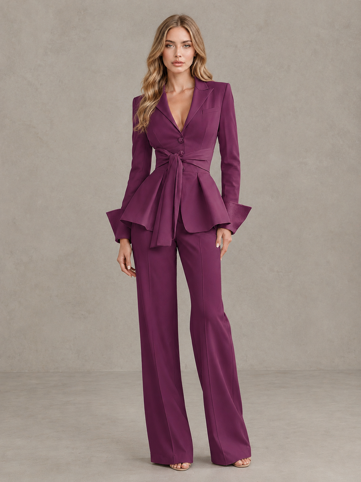 BOLODOO Plum Belted Peplum Pantsuit with Long Sleeves & Wide-Leg Trousers - Plum - Plum_03