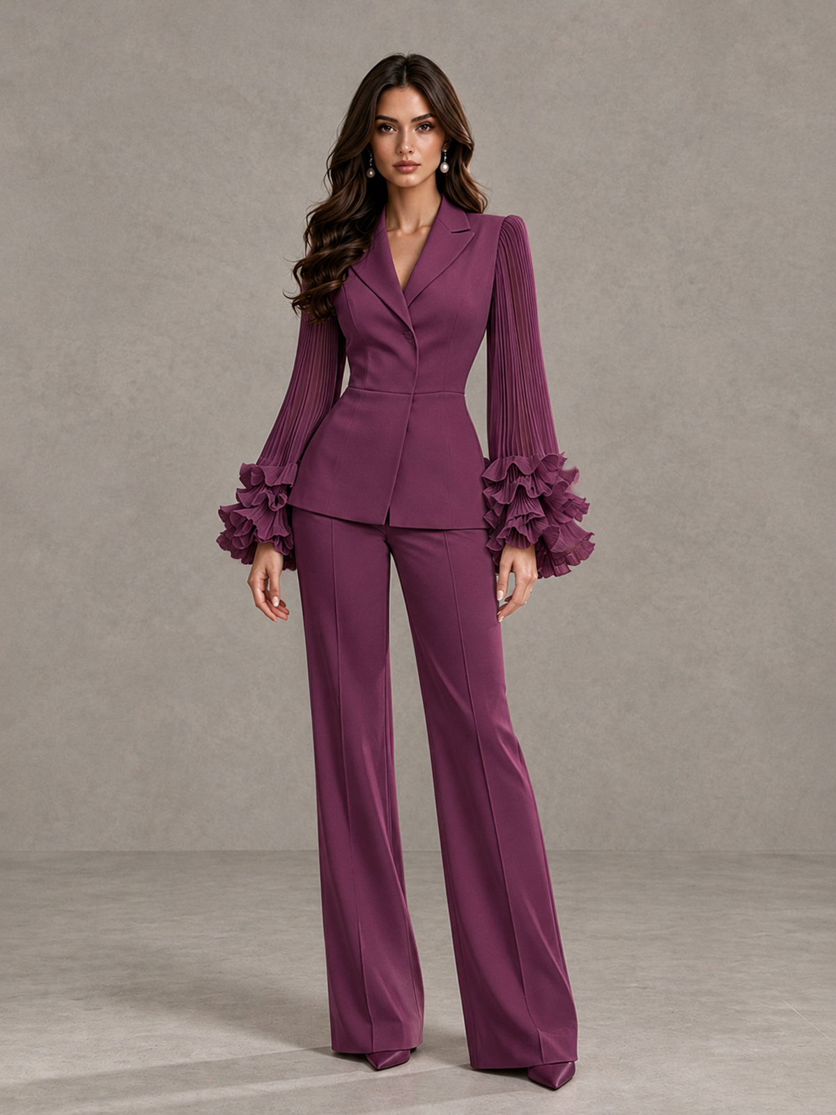BOLODOO Plum Mother of the Bride Pant Suit – Pleated Long Sleeve Ruffle Cuff Wide Leg Trouser Suit - Plum - Plum_03