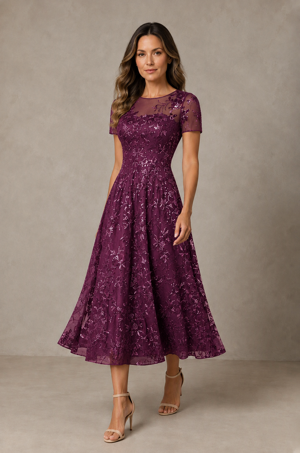 BOLODOO Plum Textured Floral A-Line Dress with Short Sleeves - Plum - Plum_03