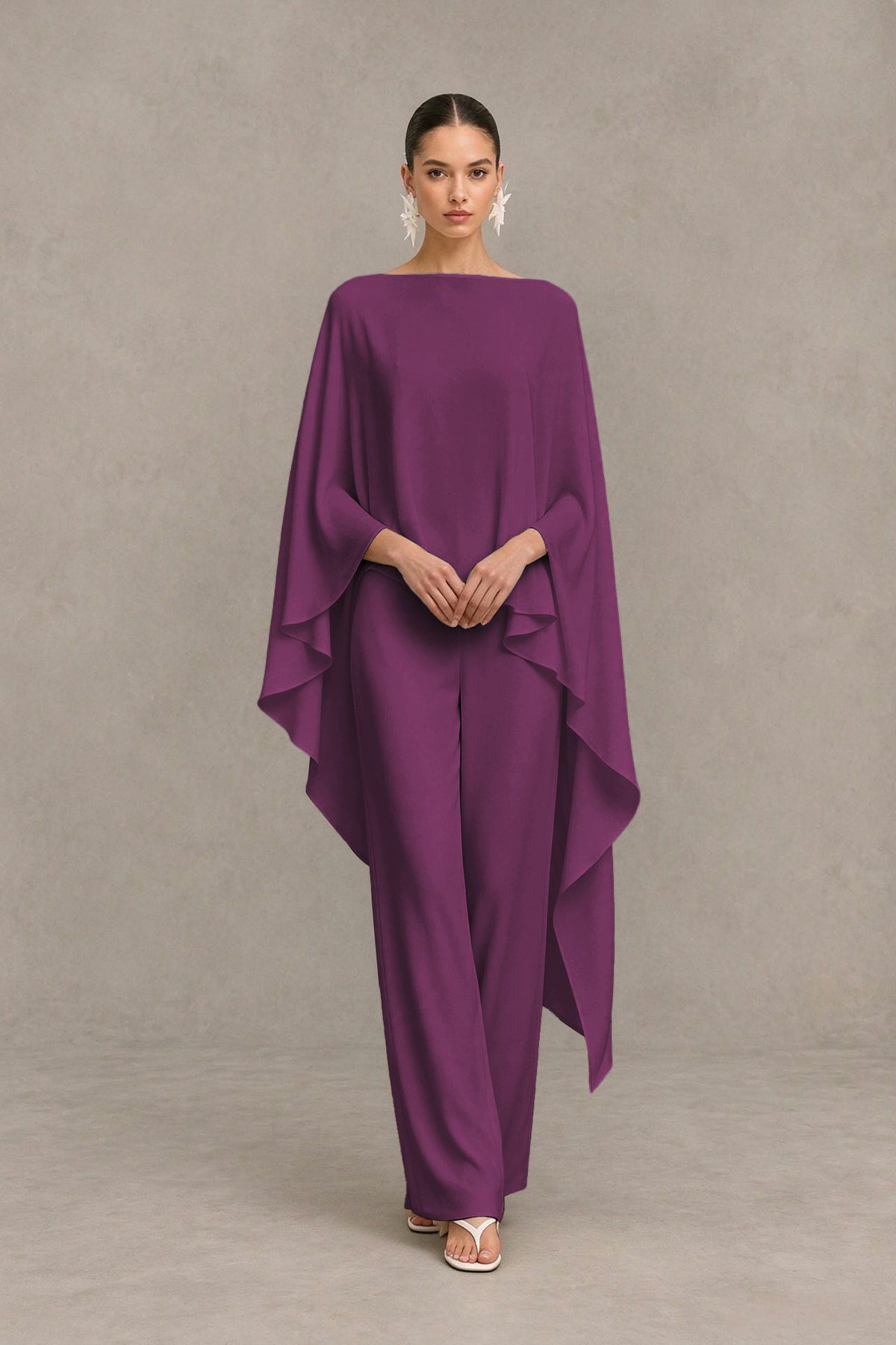 BOLODOO Plum Cape Sleeve Wide-Leg Formal Pantsuit - Plum - Plum_04