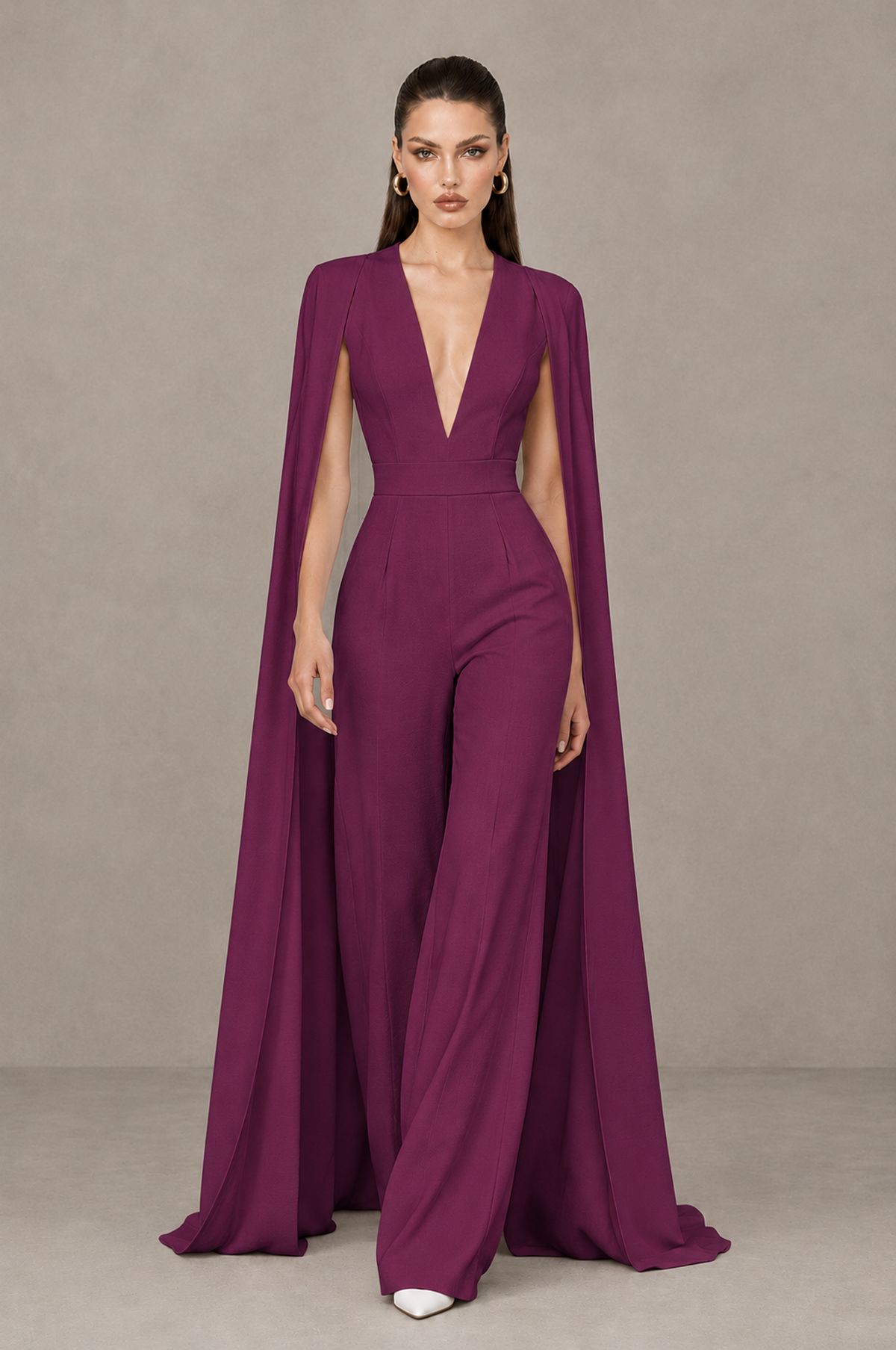 BOLODOO Plum Deep V-Neck Cape Sleeve Bridal Jumpsuit - Plum - Plum_04