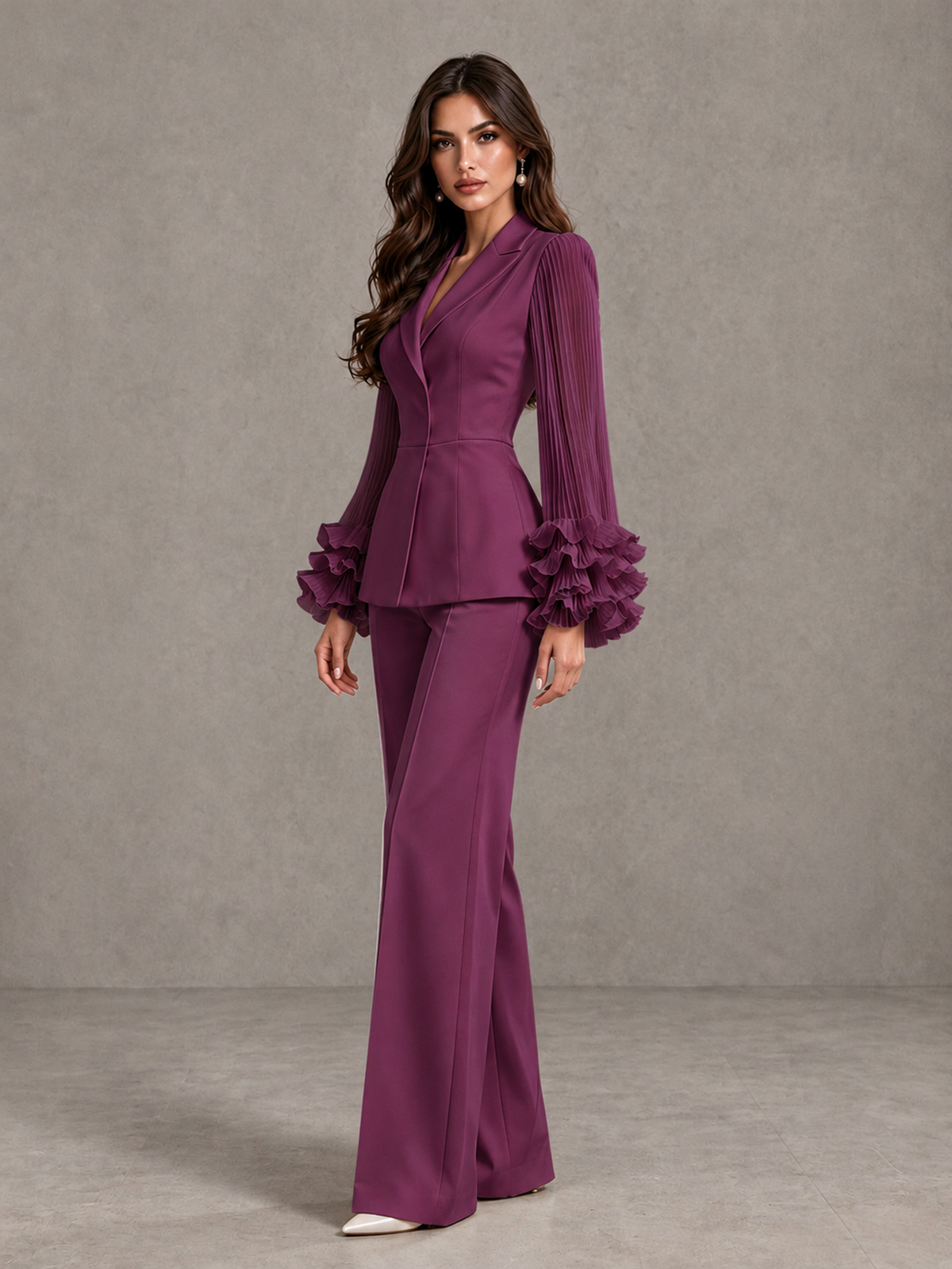 BOLODOO Plum Mother of the Bride Pant Suit – Pleated Long Sleeve Ruffle Cuff Wide Leg Trouser Suit - Plum - Plum_04